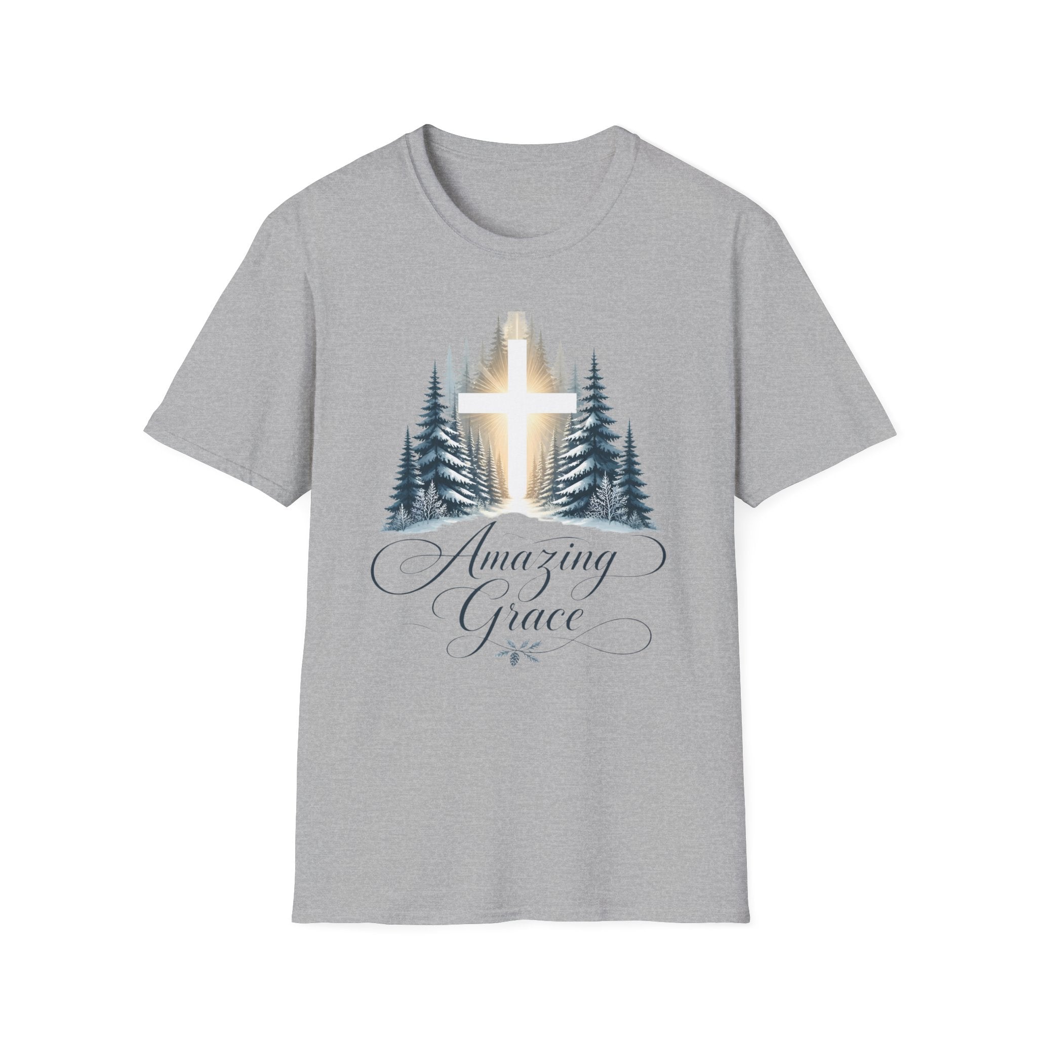 Christian T-Shirt — Cross in Pine Forest with "Amazing Grace" (Faith Tee)