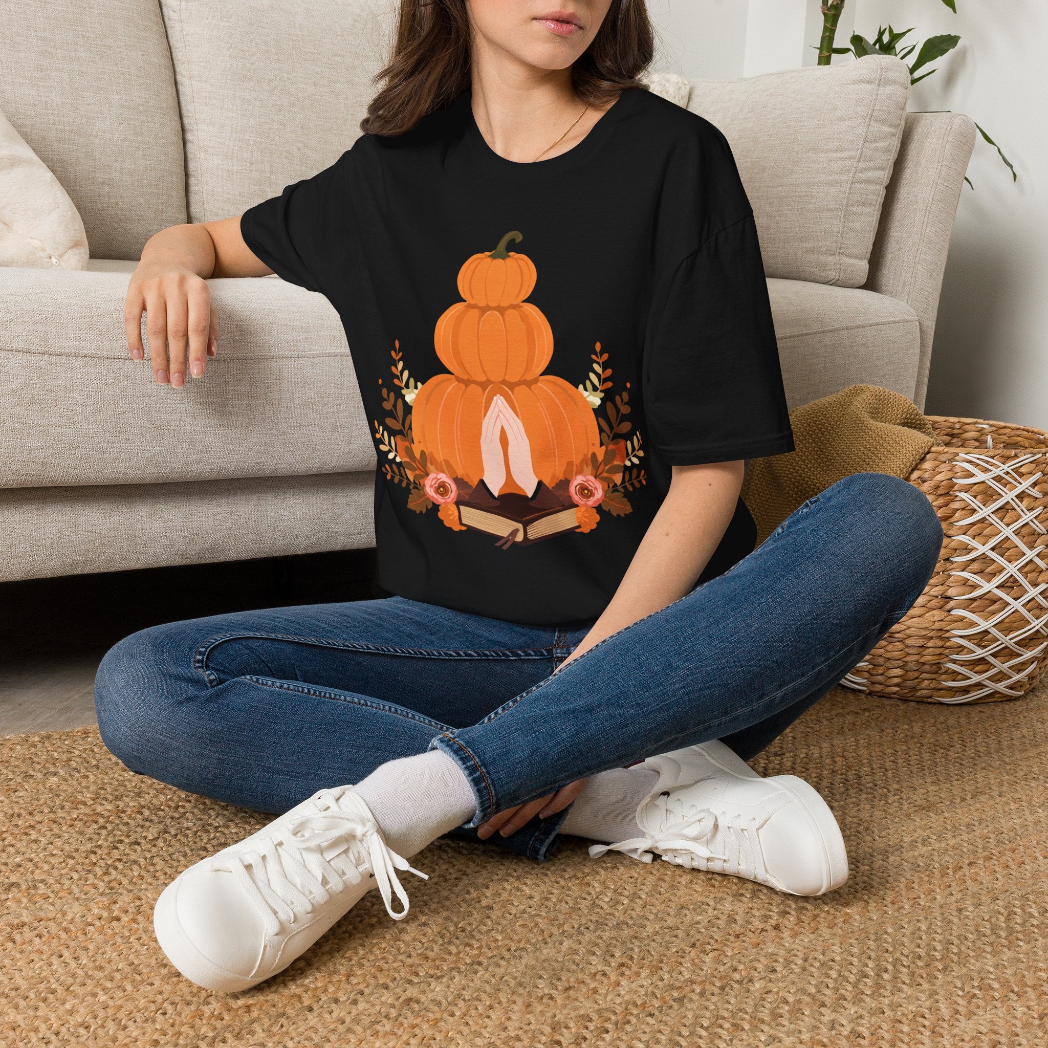 Pumpkin Stack T‑Shirt — Autumn Floral Fall Graphic Tee
