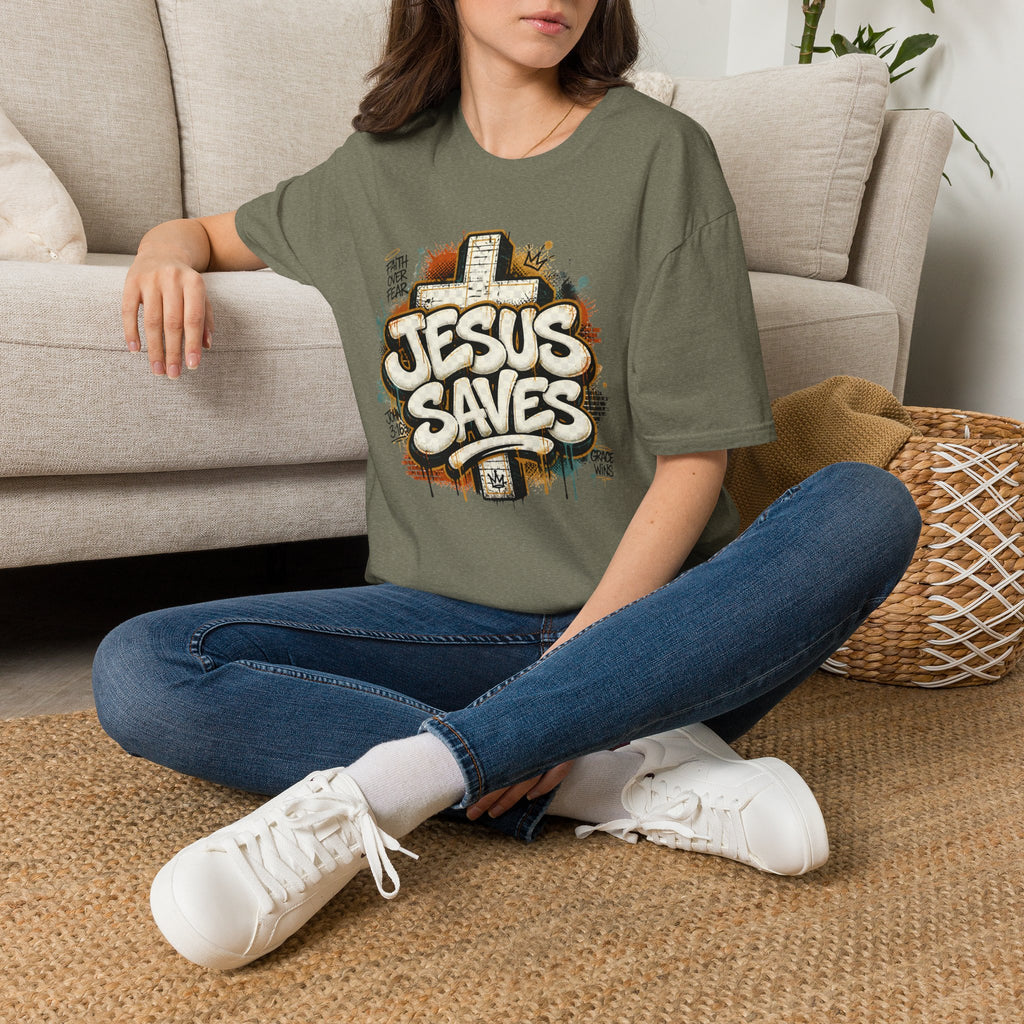 Jesus Saves T‑Shirt — Faith Graffiti Cross Christian Tee
