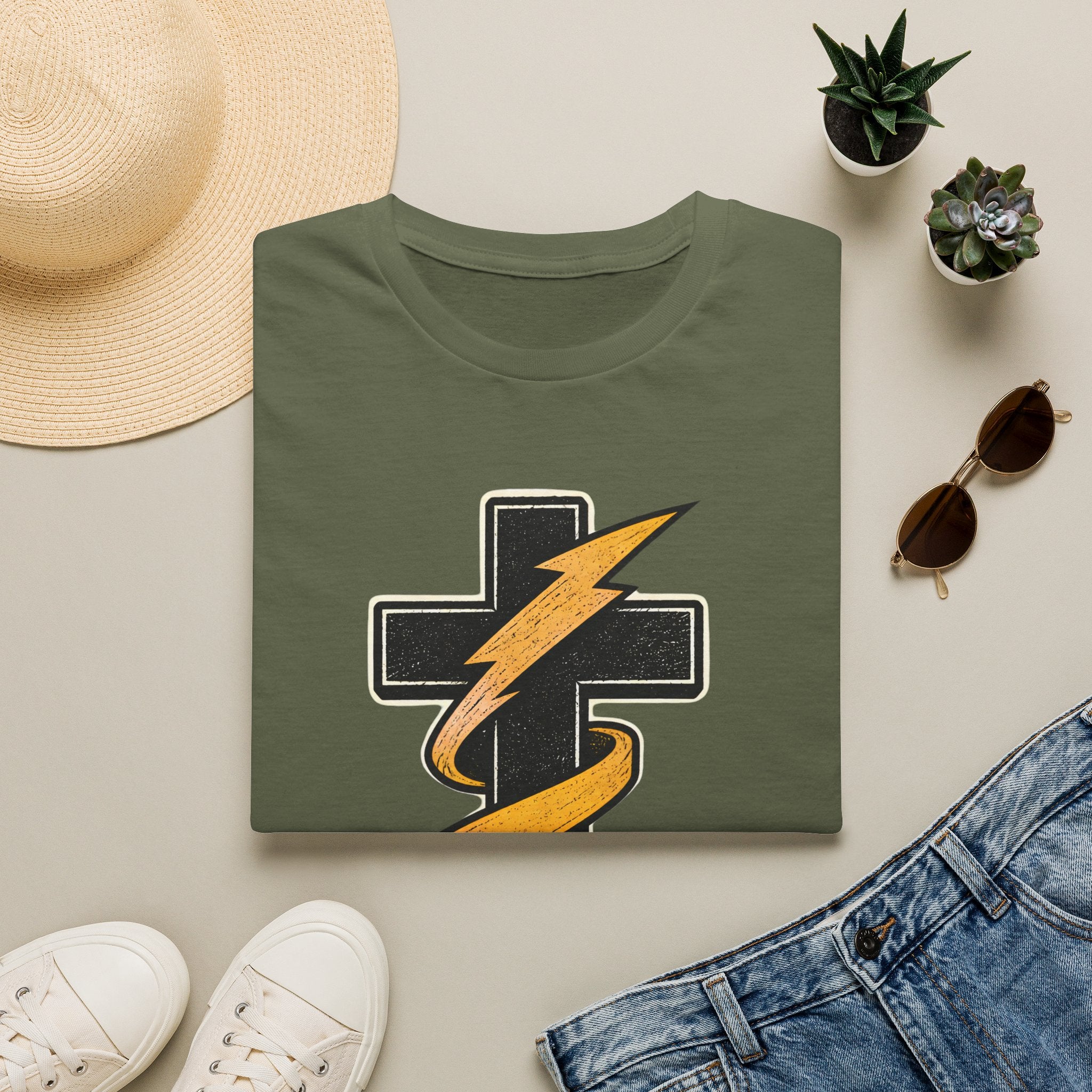 Grace Powered T-Shirt — Faith Cross with Lightning Christian Tee