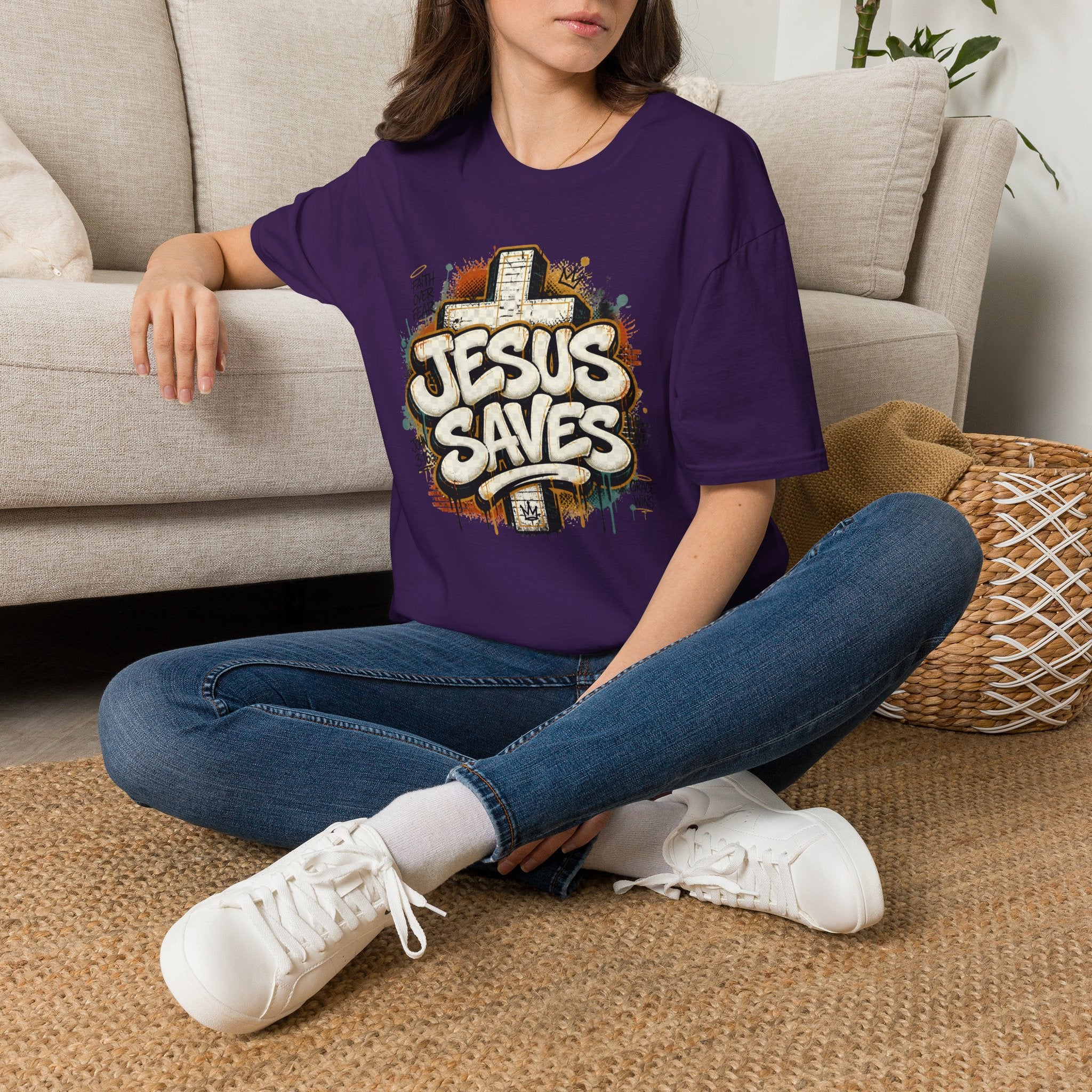 Jesus Saves T‑Shirt — Faith Graffiti Cross Christian Tee