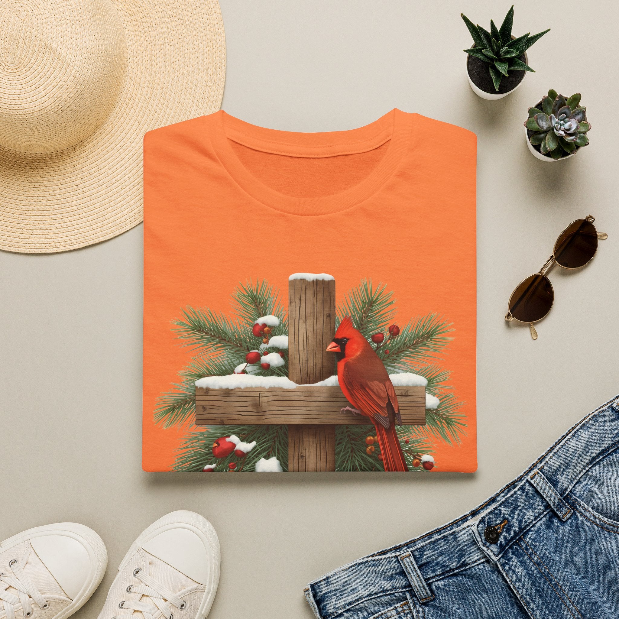 Cardinal on Cross Christmas T-Shirt — Winter Nativity Holiday Tee