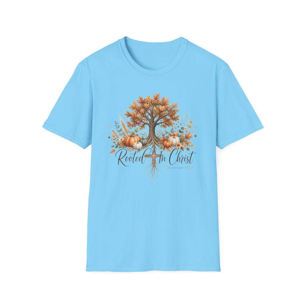 Fall Tree & Pumpkins T-Shirt — "Rooted in Christ" Autumn Faith Tee