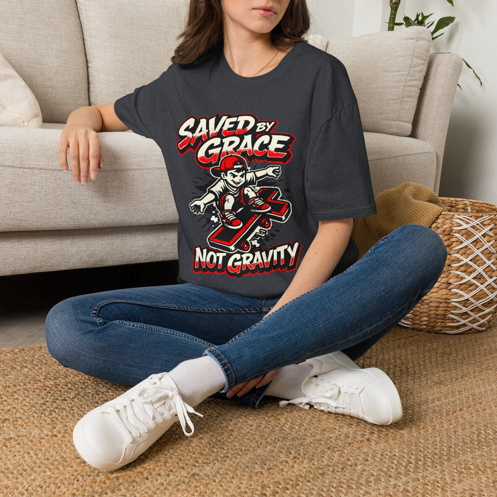 Saved by Grace T‑Shirt — Skateboard Faith Graphic