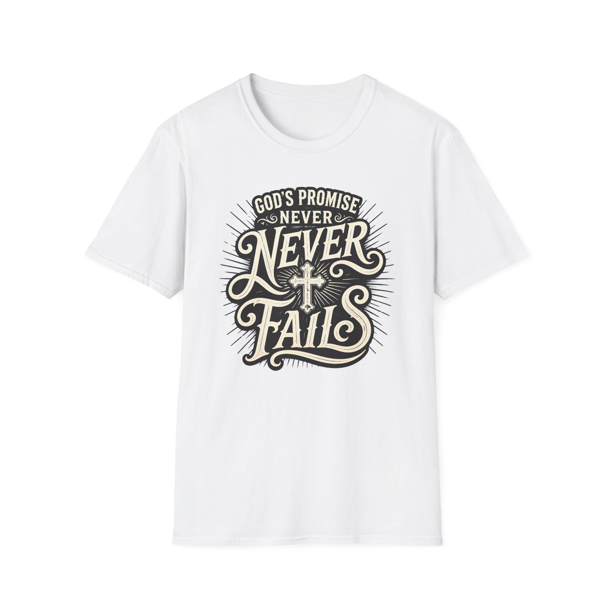 T-Shirt — “God’s Promise Never Never” Christian Faith Graphic