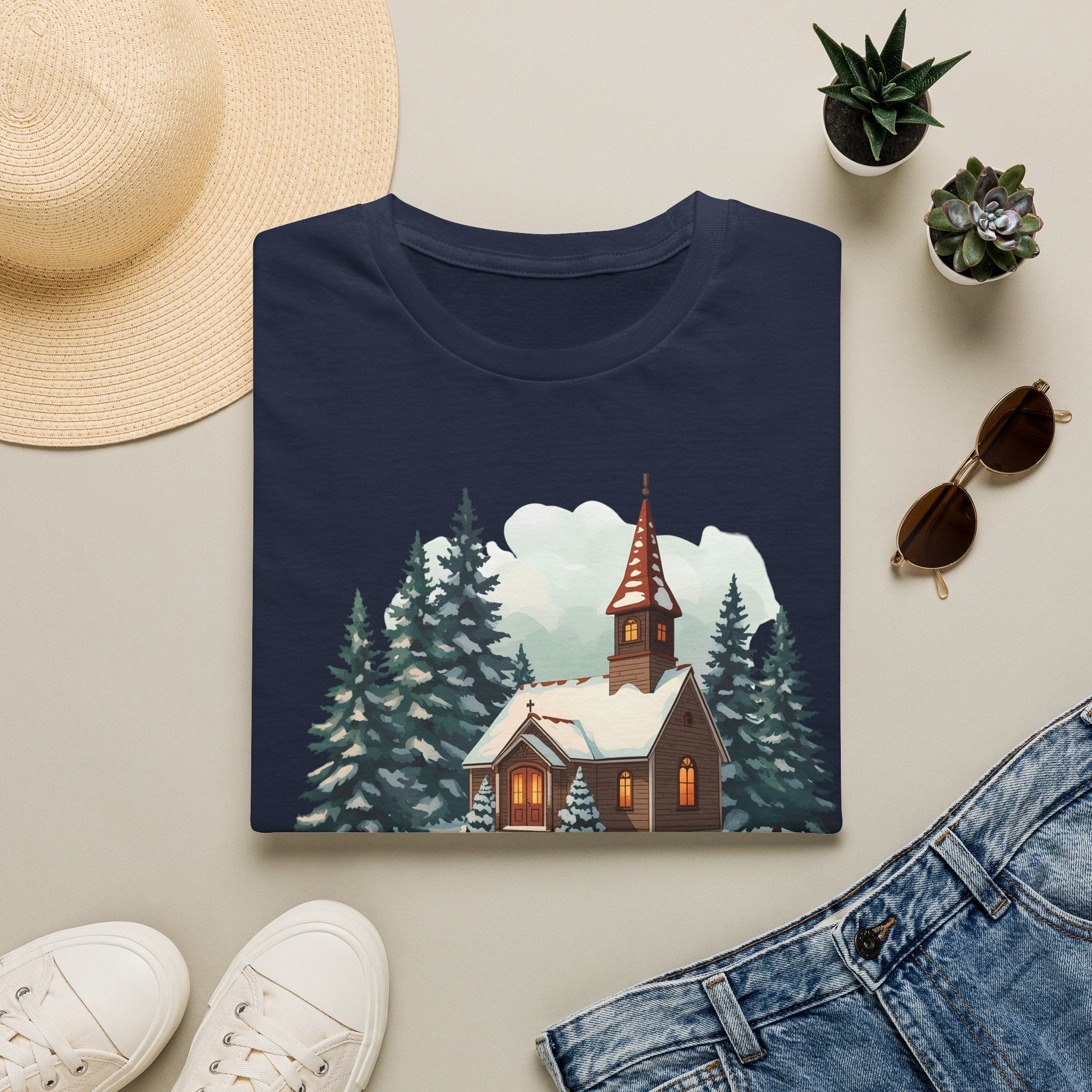 T-Shirt — Cozy Winter Chapel Graphic Tee (Snowy Pine Church)