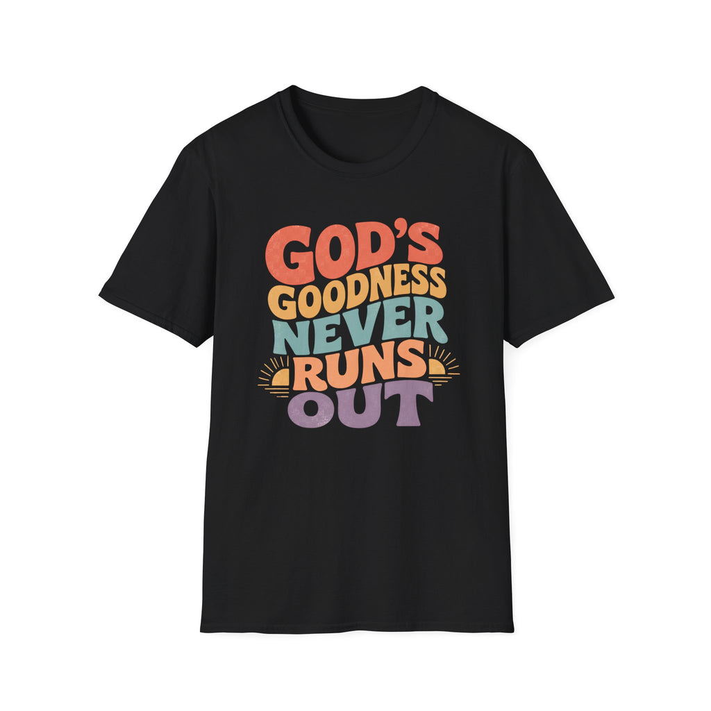 Christian T-Shirt — "God's Goodness Never Runs Out" Retro Faith Tee