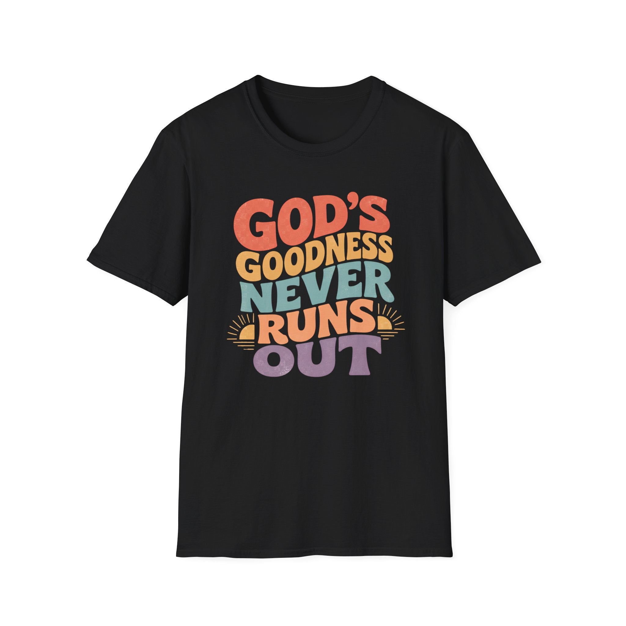 Christian T-Shirt — "God's Goodness Never Runs Out" Retro Faith Tee
