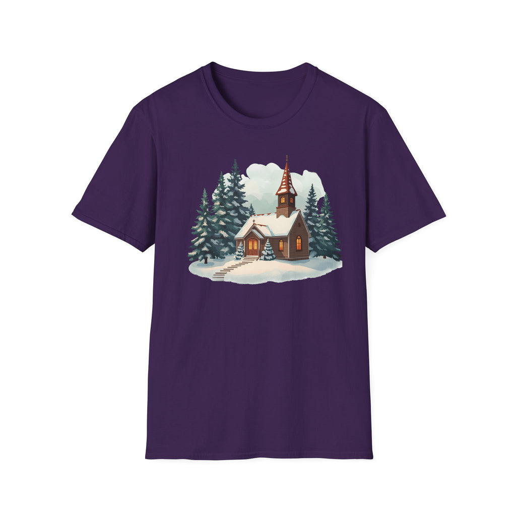T-Shirt — Cozy Winter Chapel Graphic Tee (Snowy Pine Church)