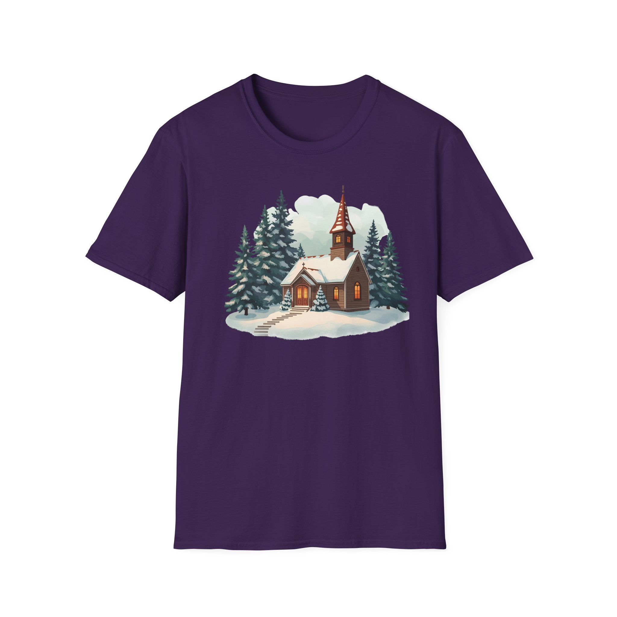 T-Shirt — Cozy Winter Chapel Graphic Tee (Snowy Pine Church)