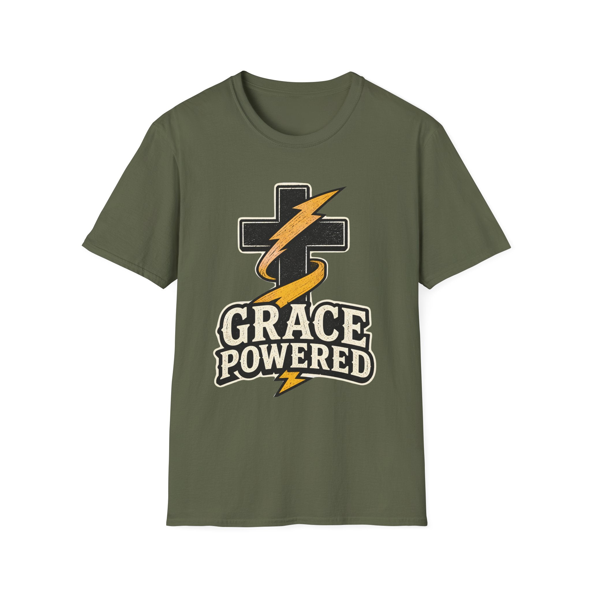 Grace Powered T-Shirt — Faith Cross with Lightning Christian Tee