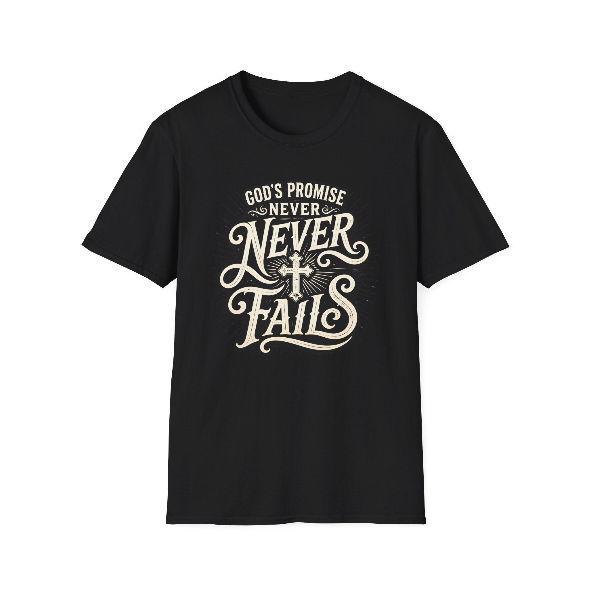 T-Shirt — “God’s Promise Never Never” Christian Faith Graphic