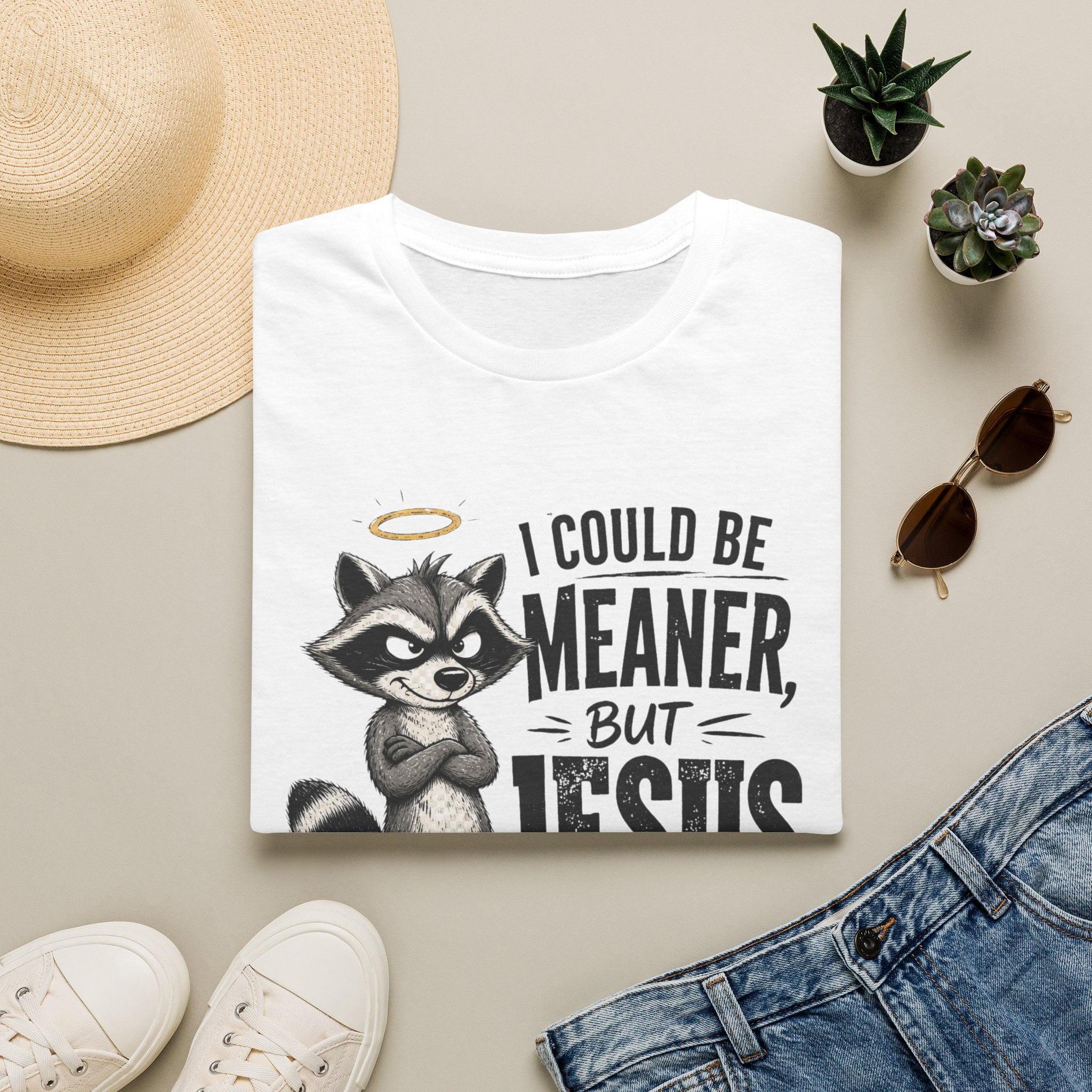 T‑Shirt — "I Could Be Meaner But Jesus Said No" Cute Raccoon Christian Tee