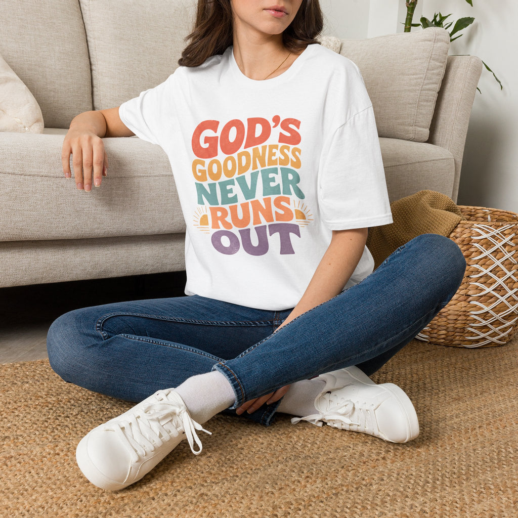 Christian T-Shirt — "God's Goodness Never Runs Out" Retro Faith Tee