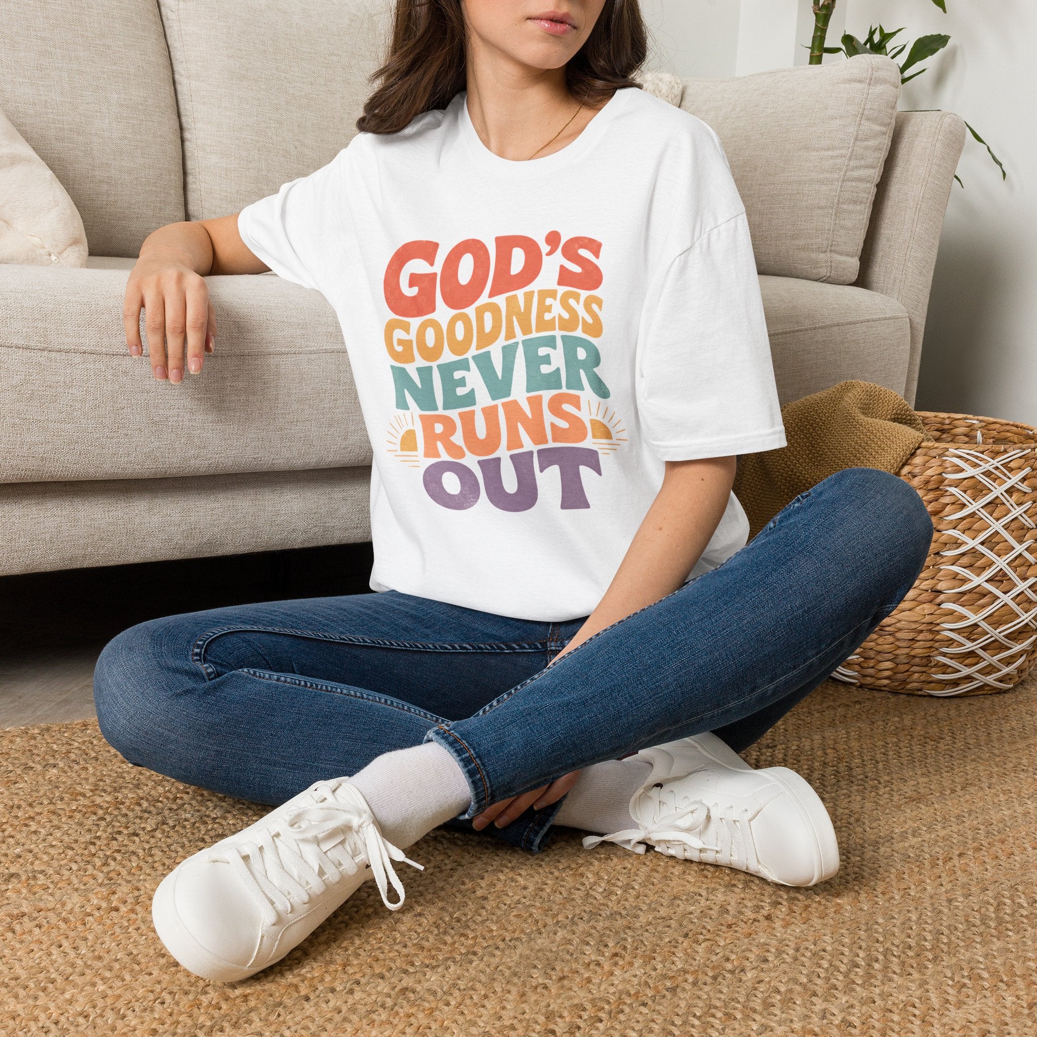 Christian T-Shirt — "God's Goodness Never Runs Out" Retro Faith Tee