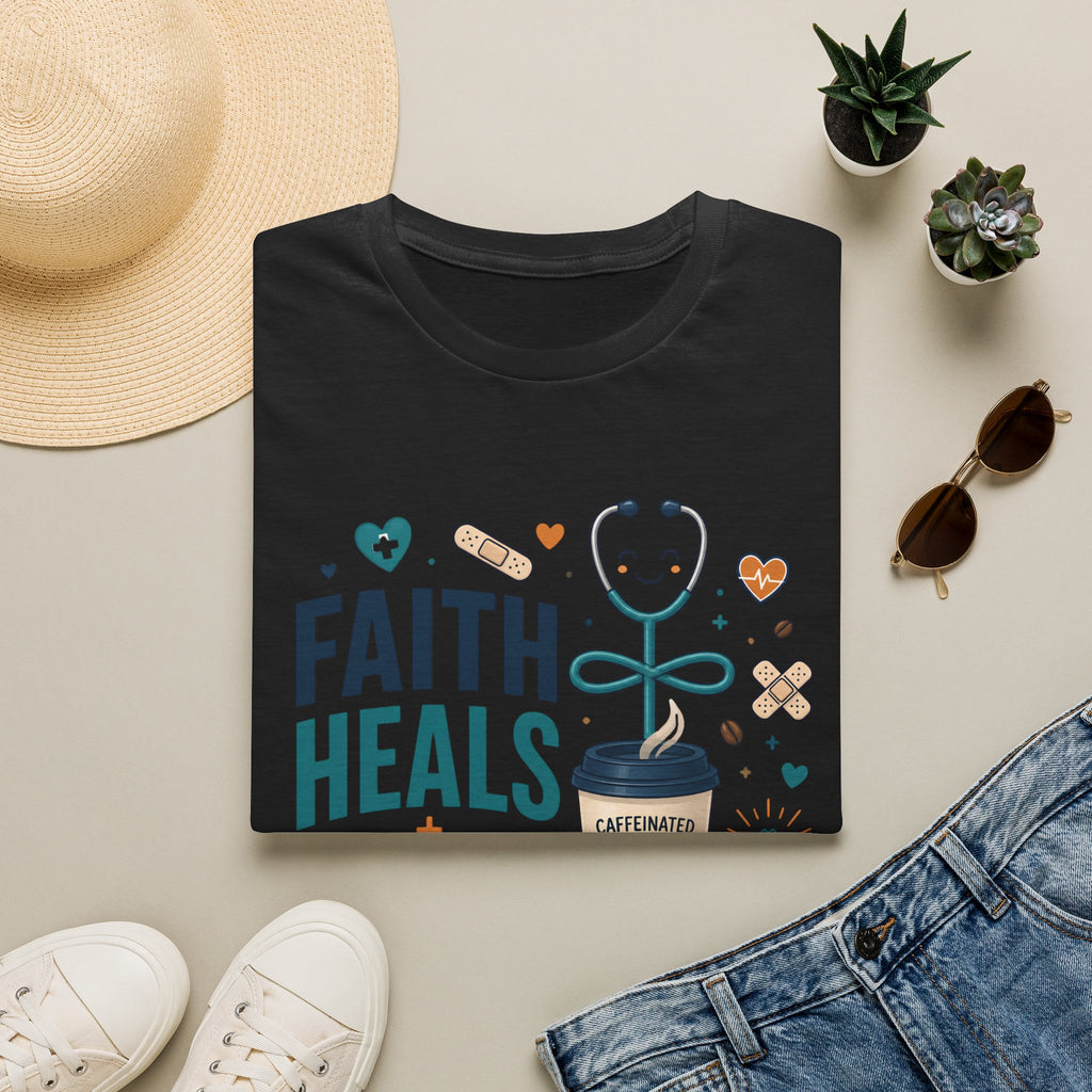 Faith Heals T‑Shirt — Inspirational Medical Stethoscope Coffee Design