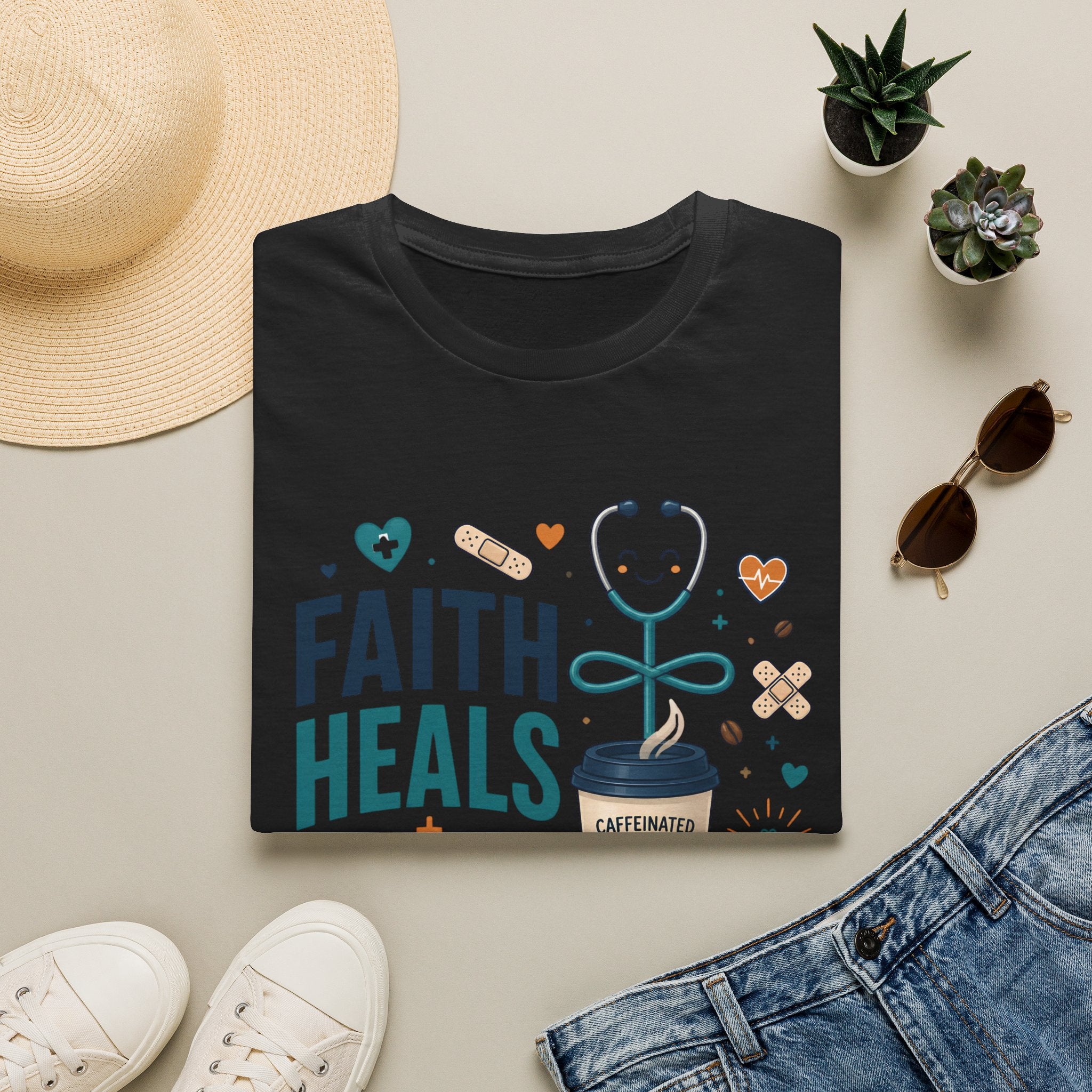 Faith Heals T‑Shirt — Inspirational Medical Stethoscope Coffee Design