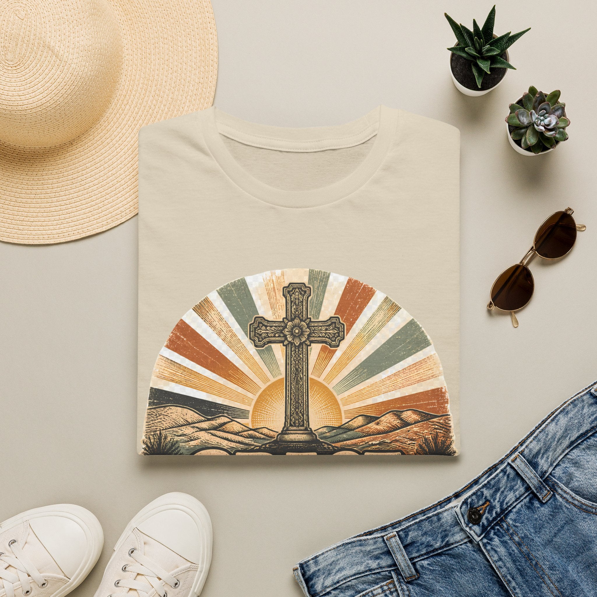 Christian T-Shirt — "Grace Never Quits" Retro Cross Sunrise Tee