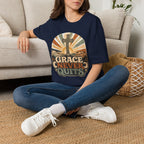 Christian T-Shirt — "Grace Never Quits" Retro Cross Sunrise Tee