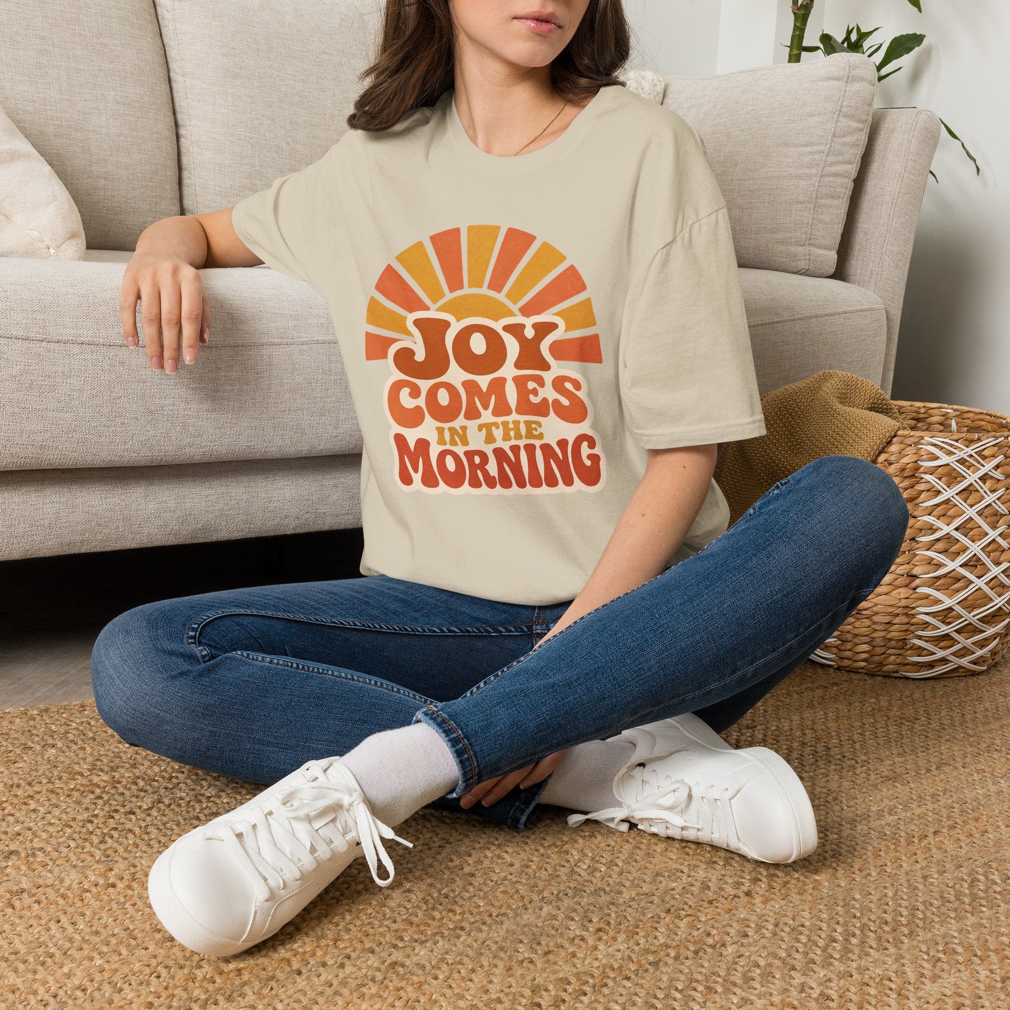 Joy Comes in the Morning T-Shirt — Retro Sunrise Graphic Tee