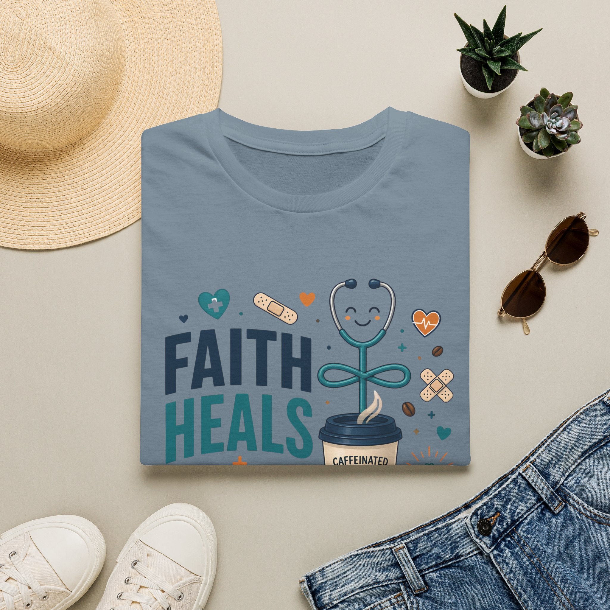 Faith Heals T‑Shirt — Inspirational Medical Stethoscope Coffee Design