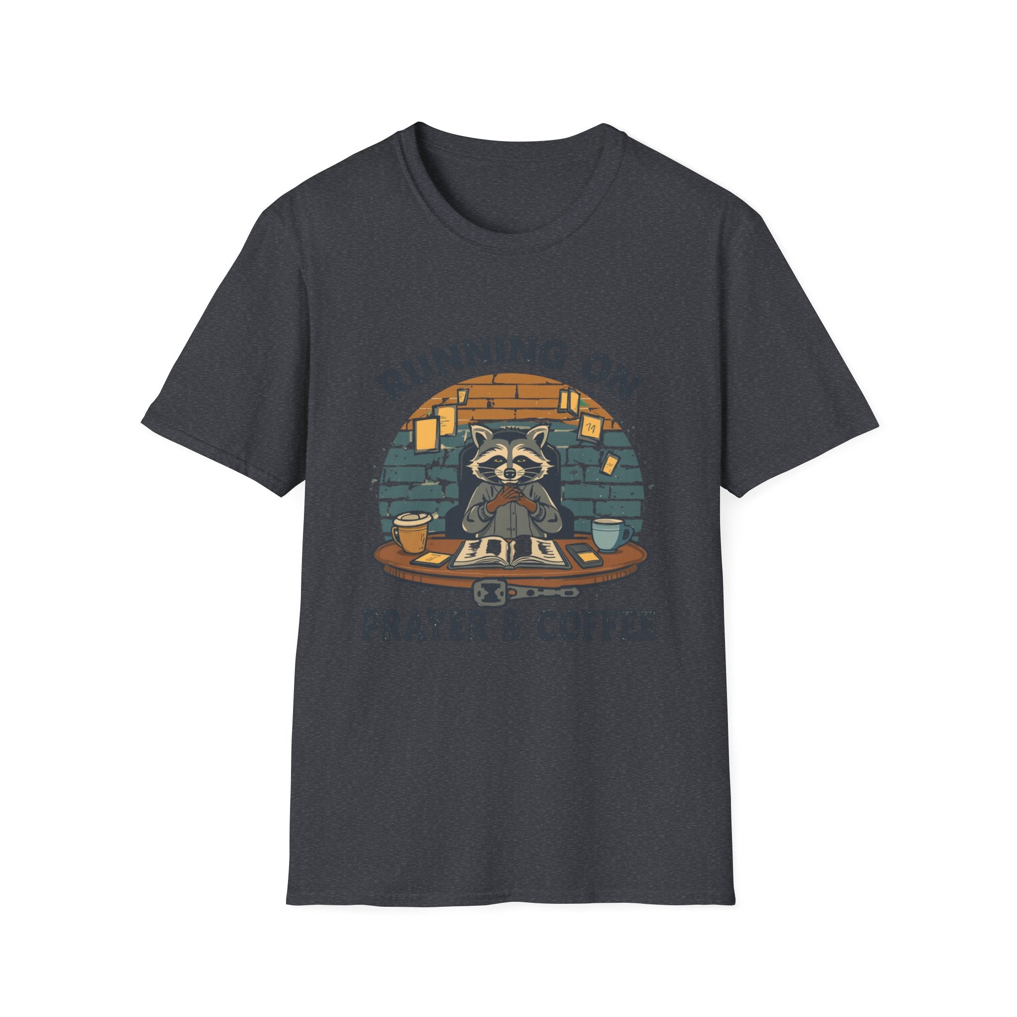 T‑Shirt — Running On Prayer & Coffee Raccoon Graphic Tee
