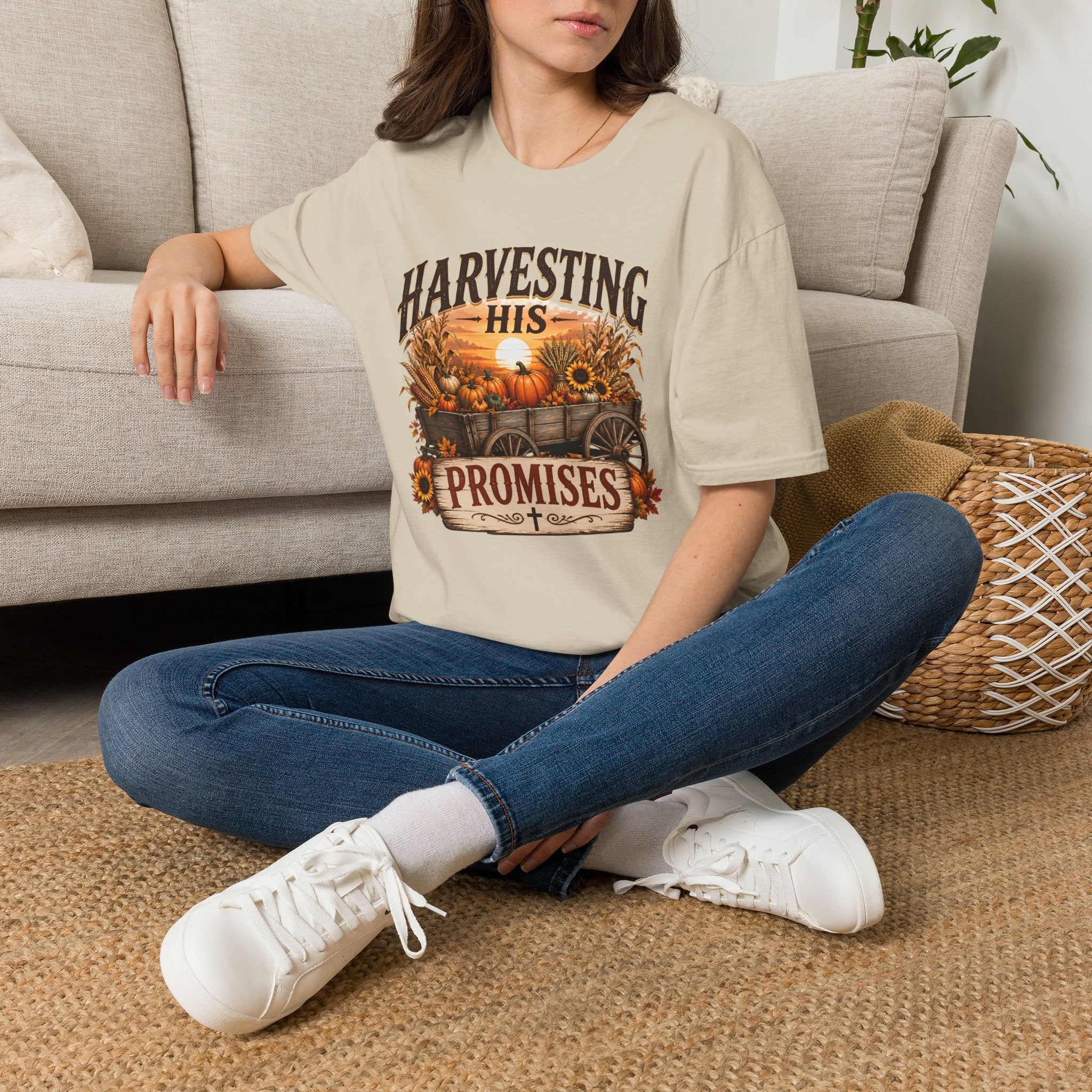 Harvesting His Promises T-Shirt — Fall Pumpkin & Sunflower Faith Tee