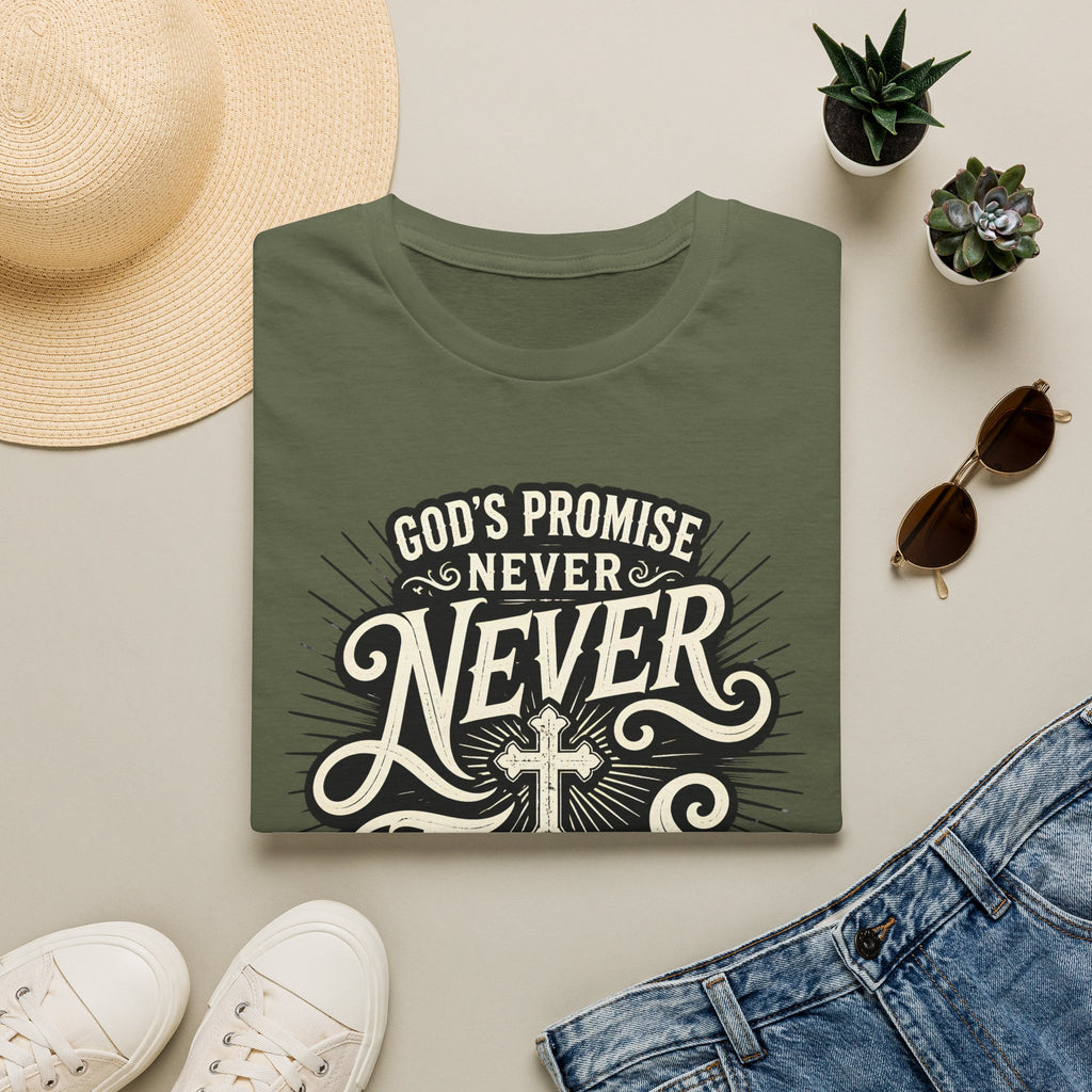T-Shirt — “God’s Promise Never Never” Christian Faith Graphic