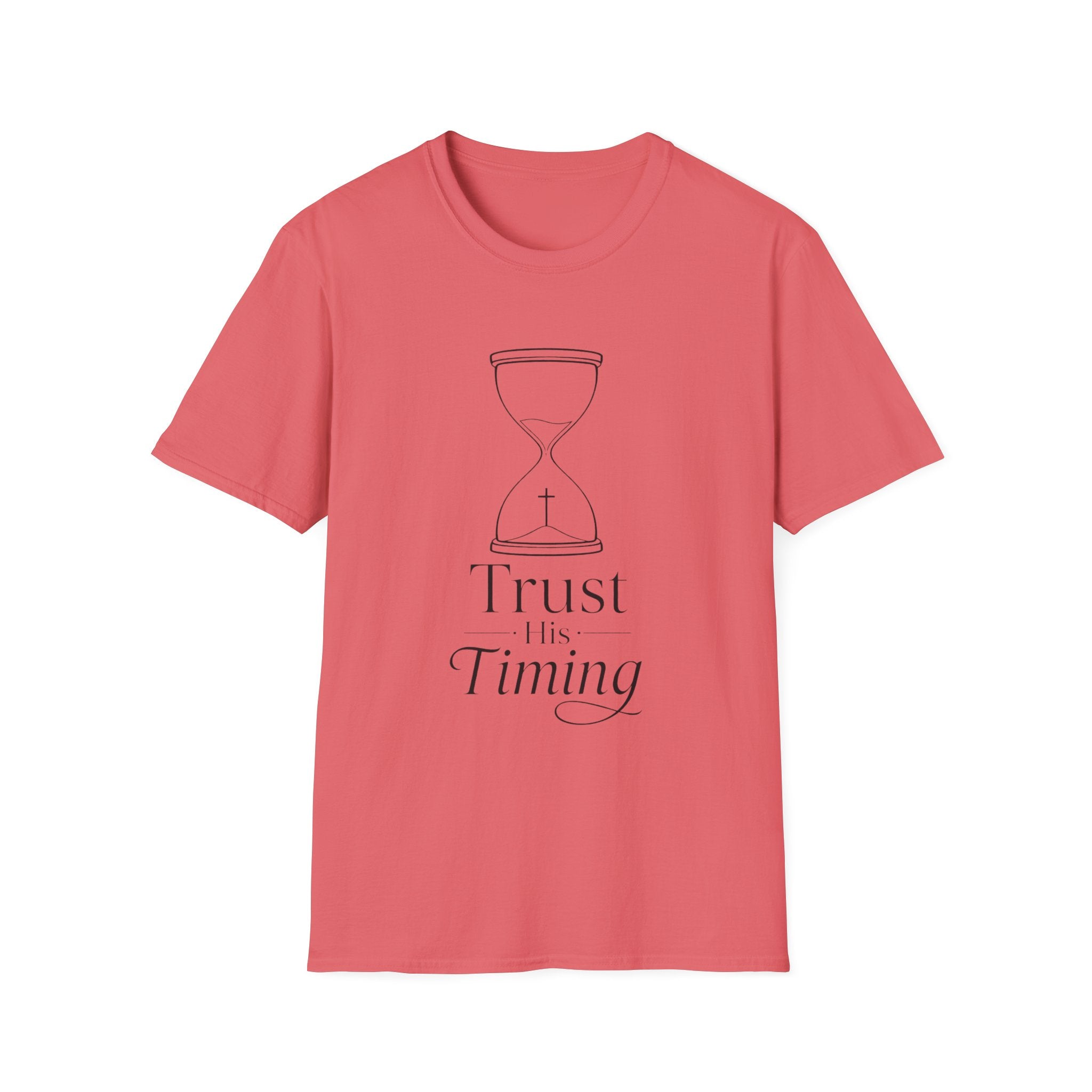 Trust His Timing T-Shirt — Minimal Hourglass Christian Faith Tee