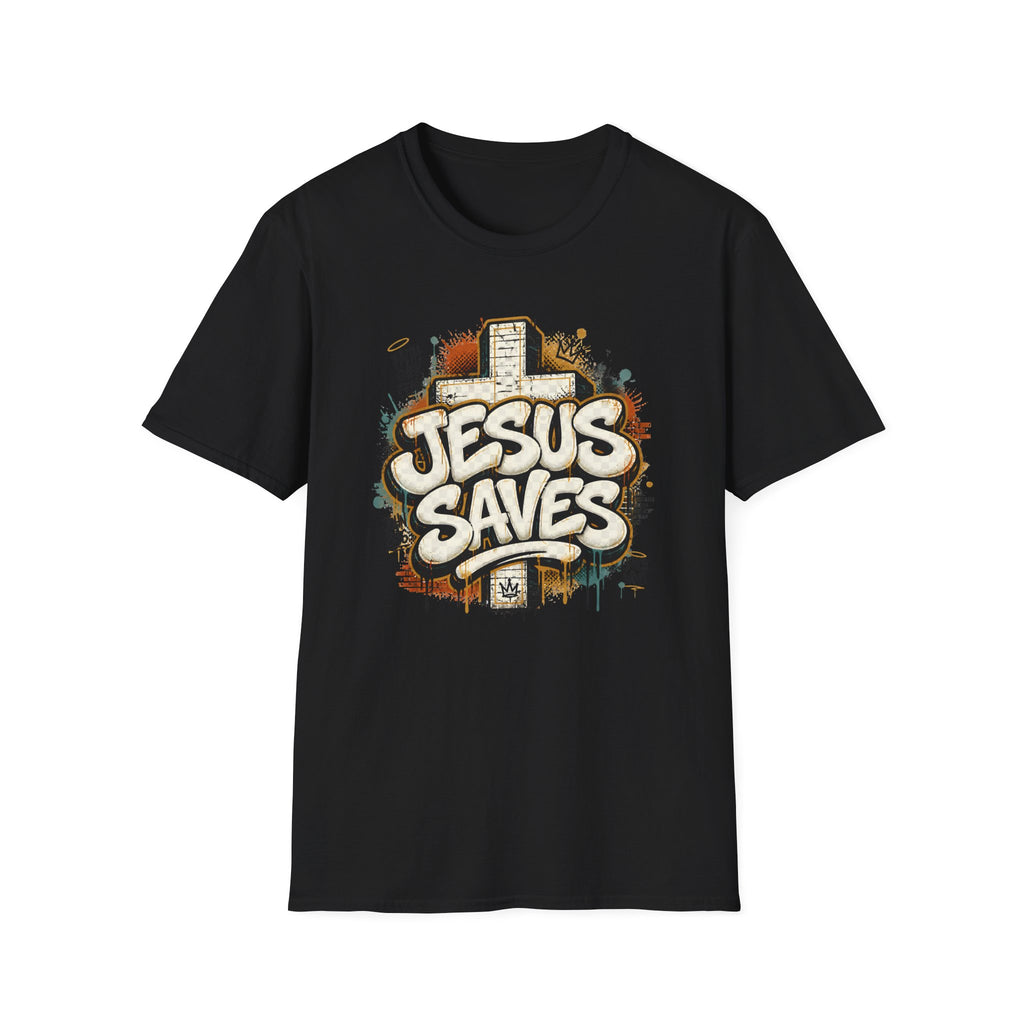 Jesus Saves T‑Shirt — Faith Graffiti Cross Christian Tee