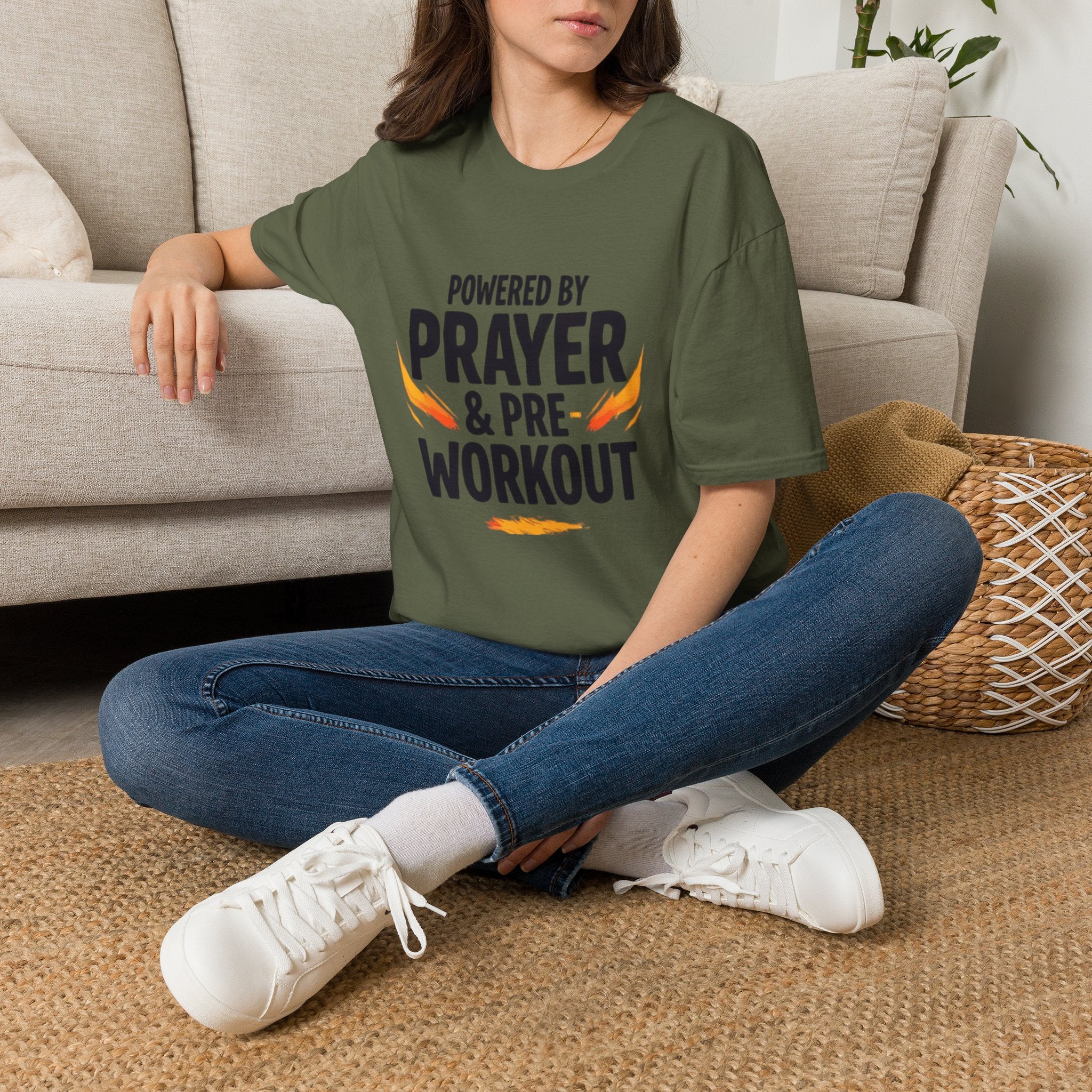 Prayer & Pre-Workout T-Shirt — "Powered by Prayer & Pre-Workout" Christian Fitness Tee