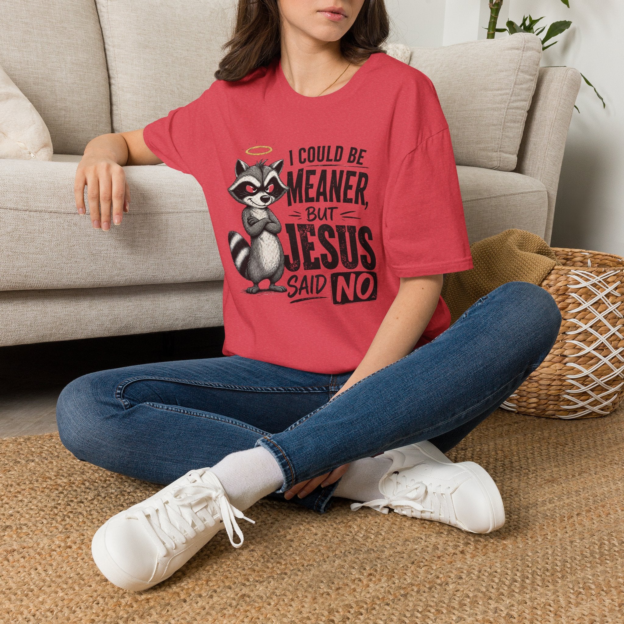 T‑Shirt — "I Could Be Meaner But Jesus Said No" Cute Raccoon Christian Tee