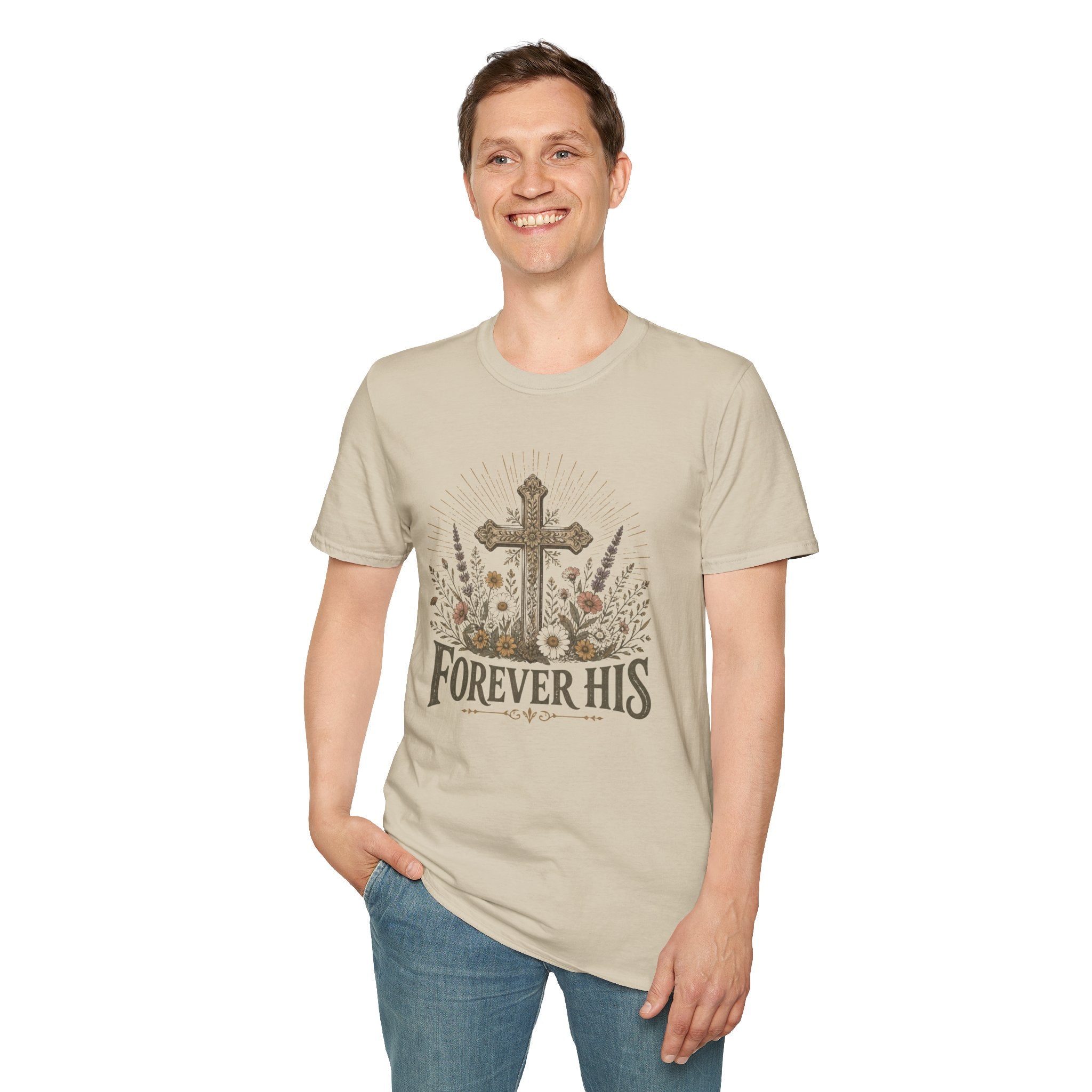 Christian T-Shirt — "Forever His" Cross Floral Graphic Tee