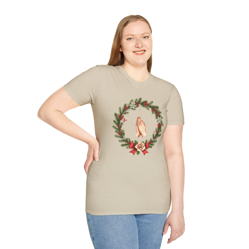 Christmas Prayer Hands T-Shirt — Holiday Wreath Faith Tee