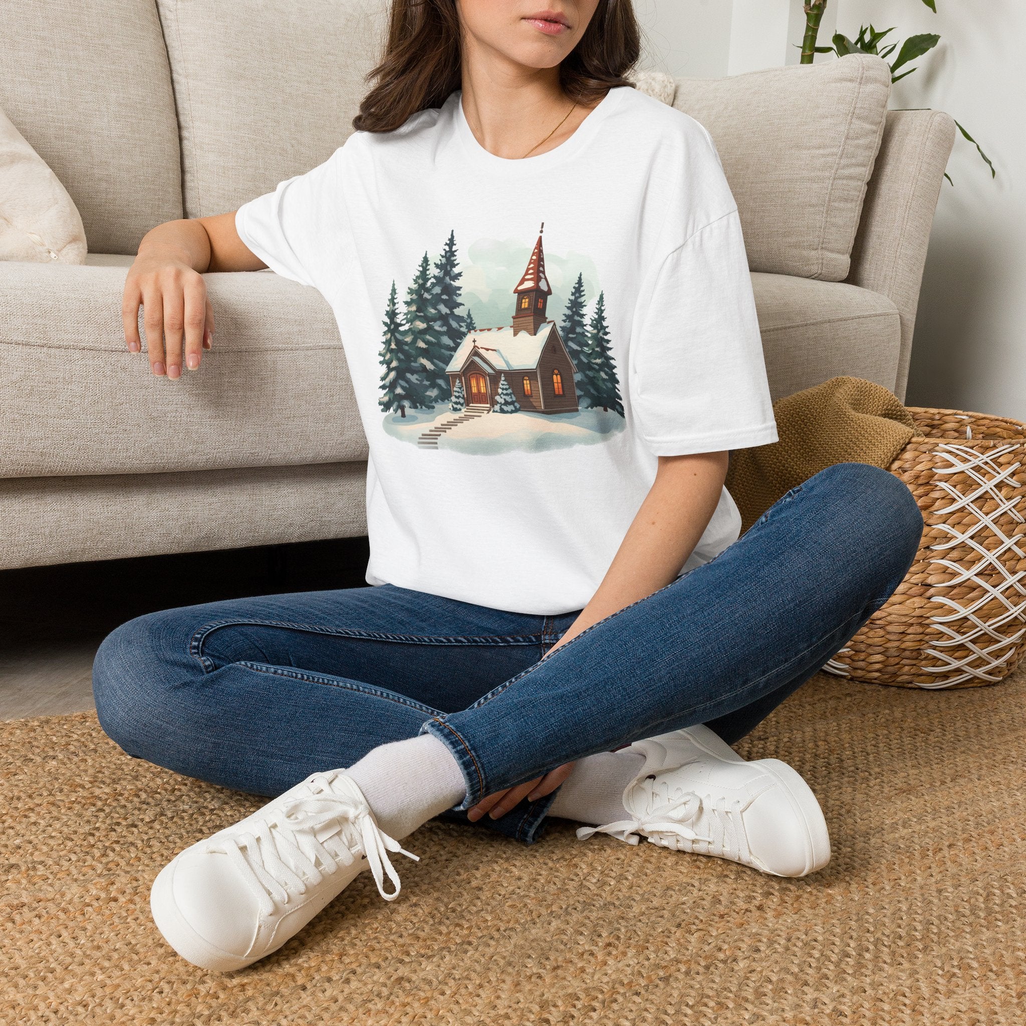 T-Shirt — Cozy Winter Chapel Graphic Tee (Snowy Pine Church)
