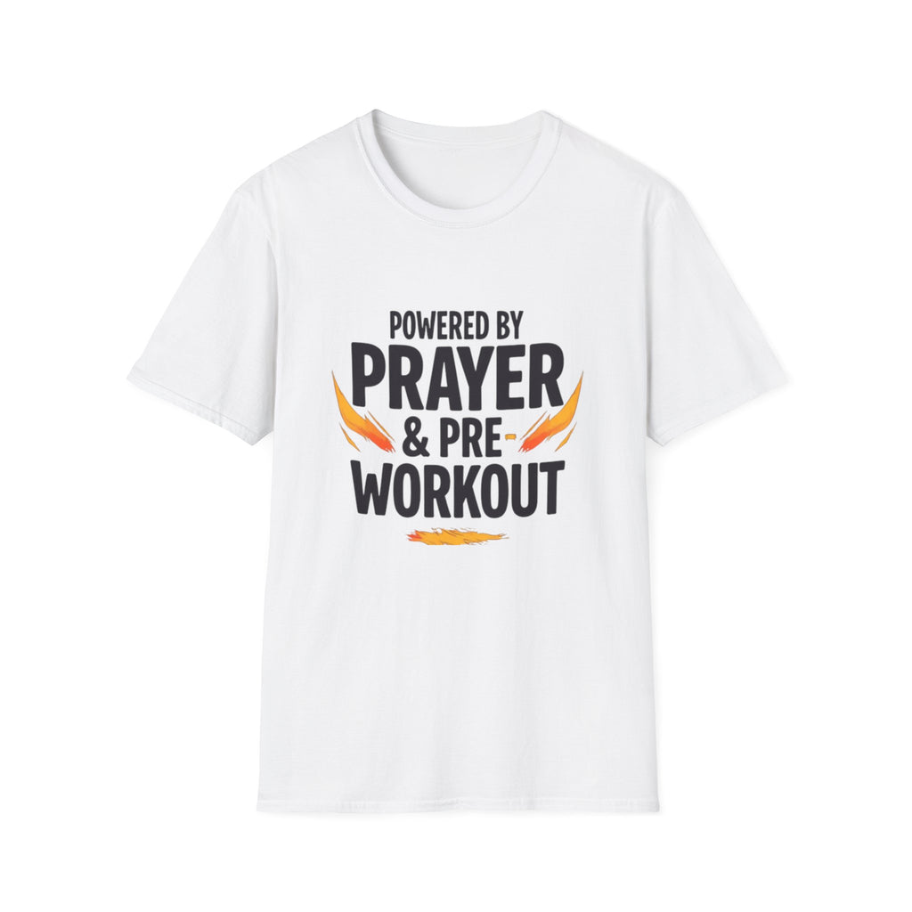 Prayer & Pre-Workout T-Shirt — "Powered by Prayer & Pre-Workout" Christian Fitness Tee