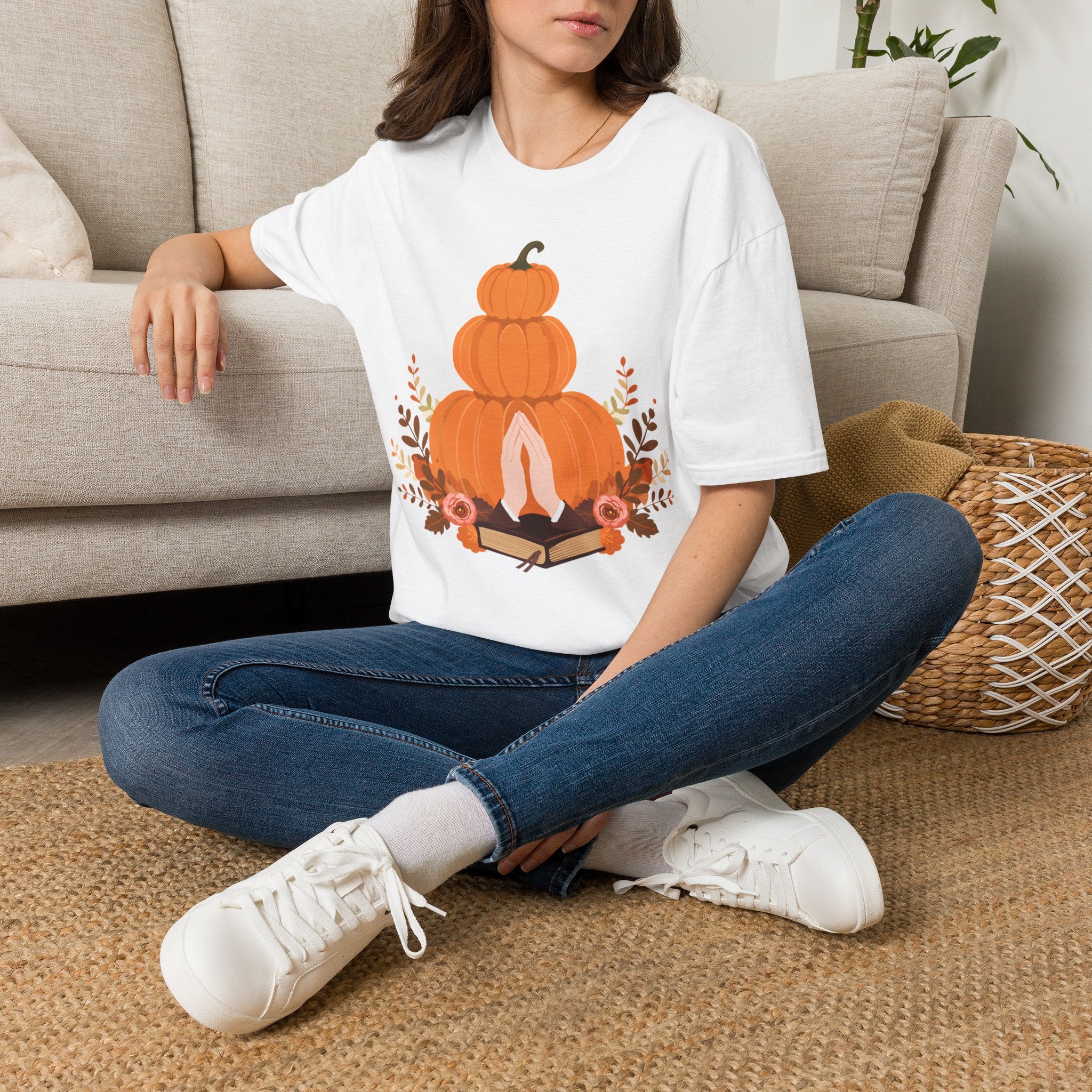 Pumpkin Stack T‑Shirt — Autumn Floral Fall Graphic Tee