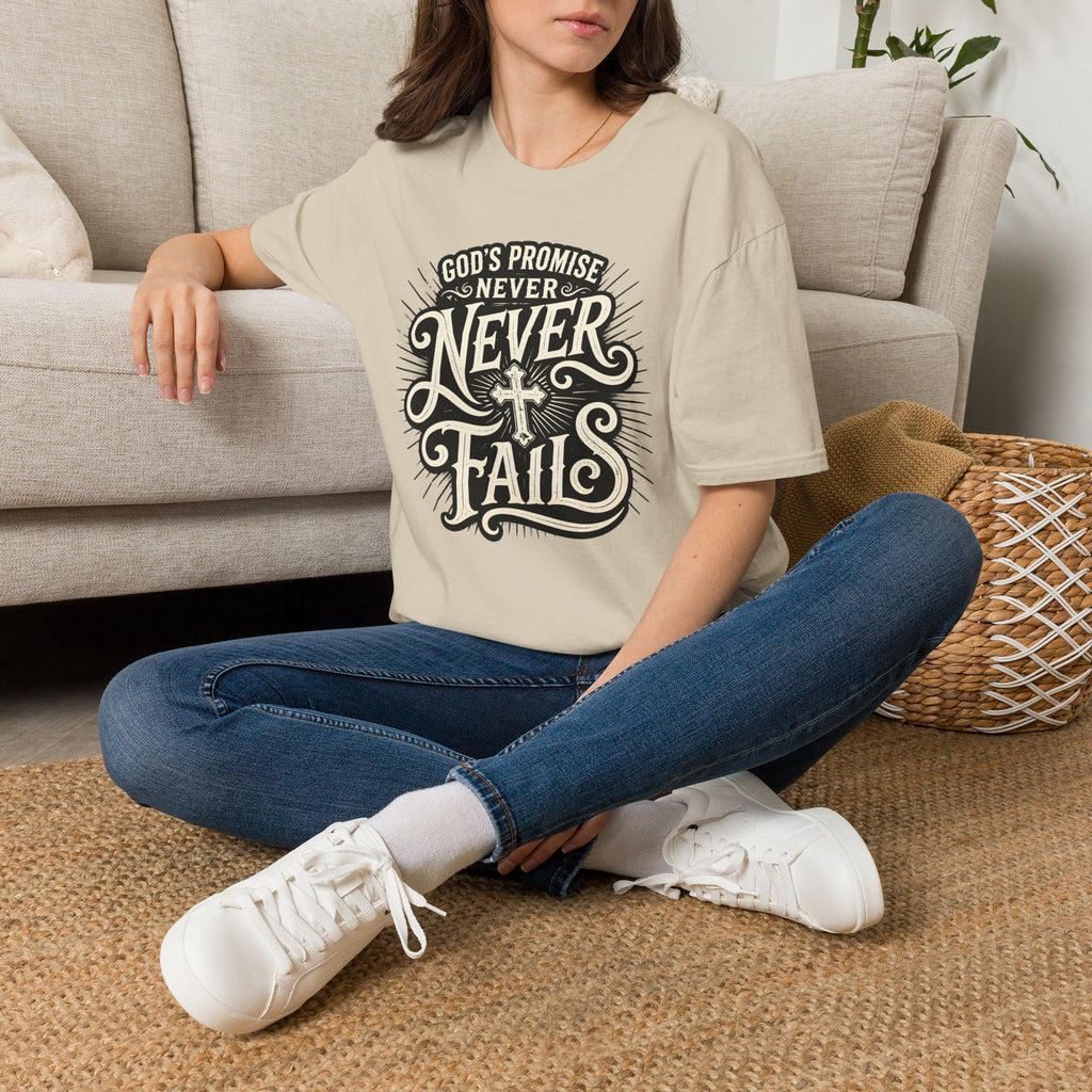 T-Shirt — “God’s Promise Never Never” Christian Faith Graphic
