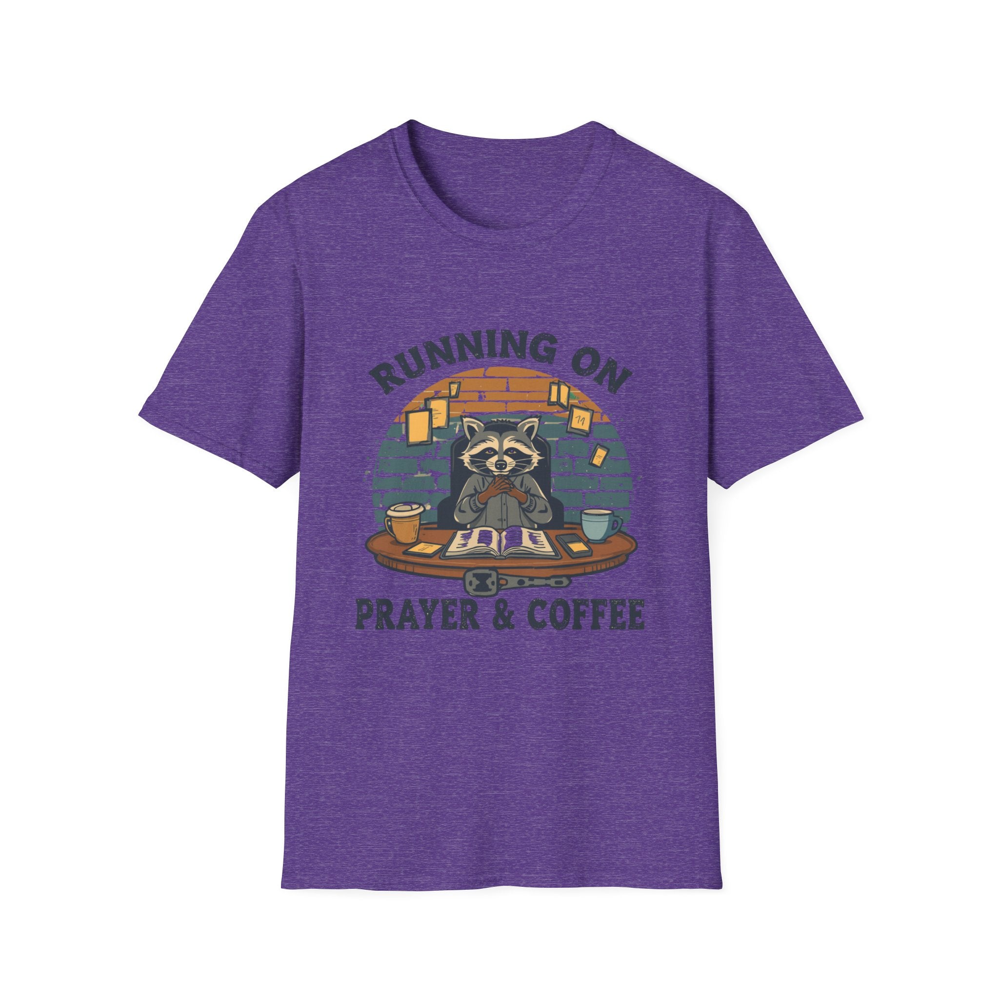 T‑Shirt — Running On Prayer & Coffee Raccoon Graphic Tee