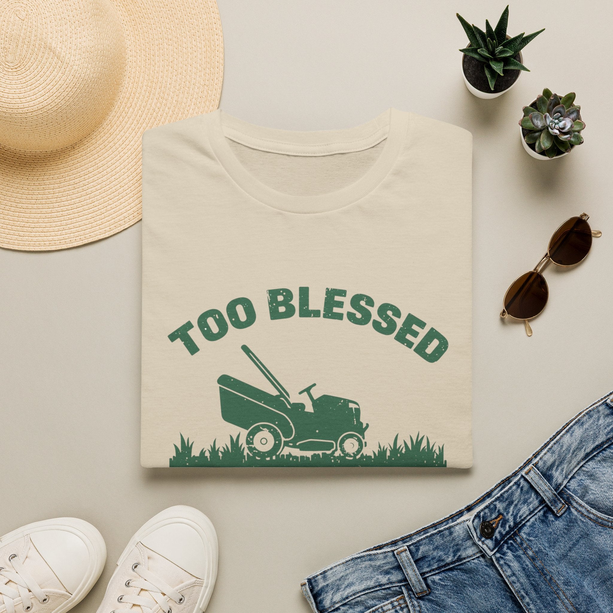 Too Blessed To Mow Fast T-Shirt — Funny Lawn Mower Gardening Tee