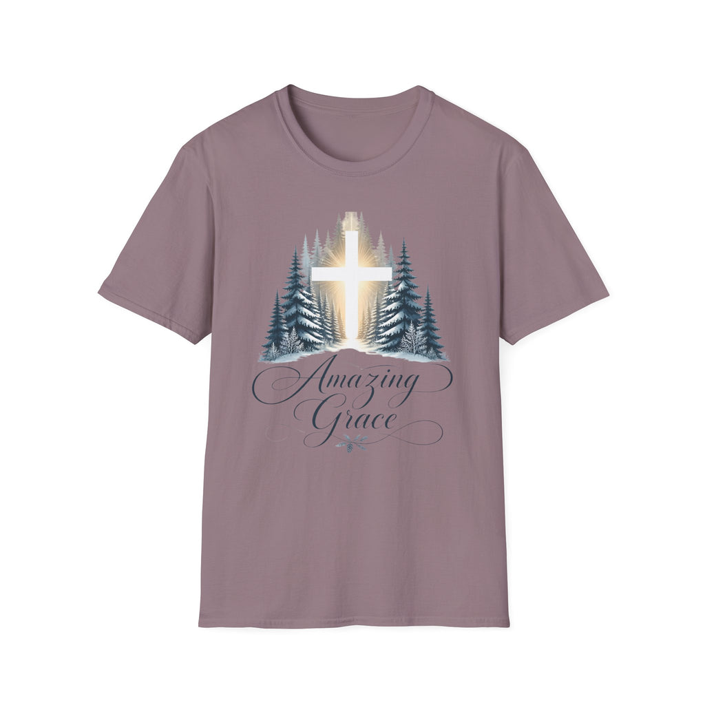 Christian T-Shirt — Cross in Pine Forest with "Amazing Grace" (Faith Tee)