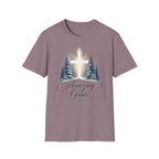 Christian T-Shirt — Cross in Pine Forest with "Amazing Grace" (Faith Tee)