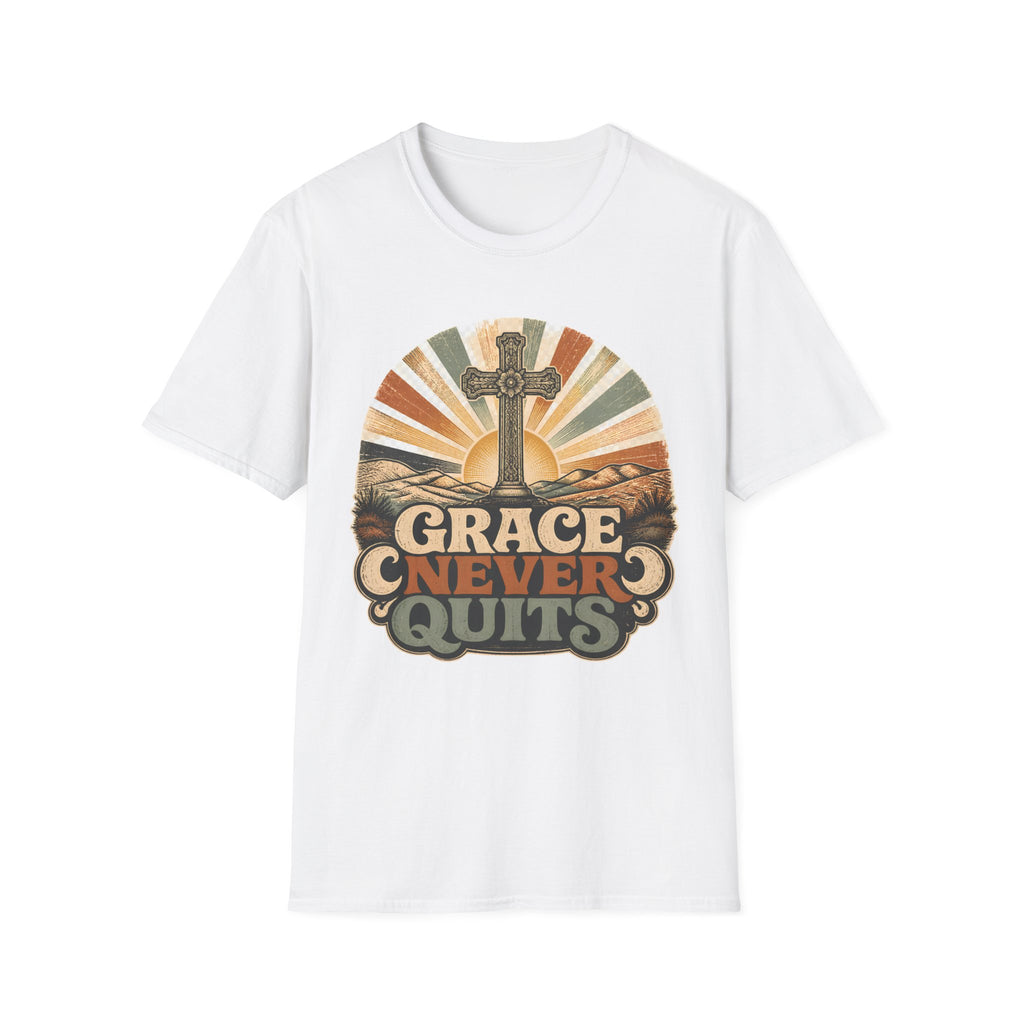 Christian T-Shirt — "Grace Never Quits" Retro Cross Sunrise Tee