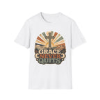 Christian T-Shirt — "Grace Never Quits" Retro Cross Sunrise Tee