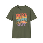 Christian T-Shirt — "God's Goodness Never Runs Out" Retro Faith Tee
