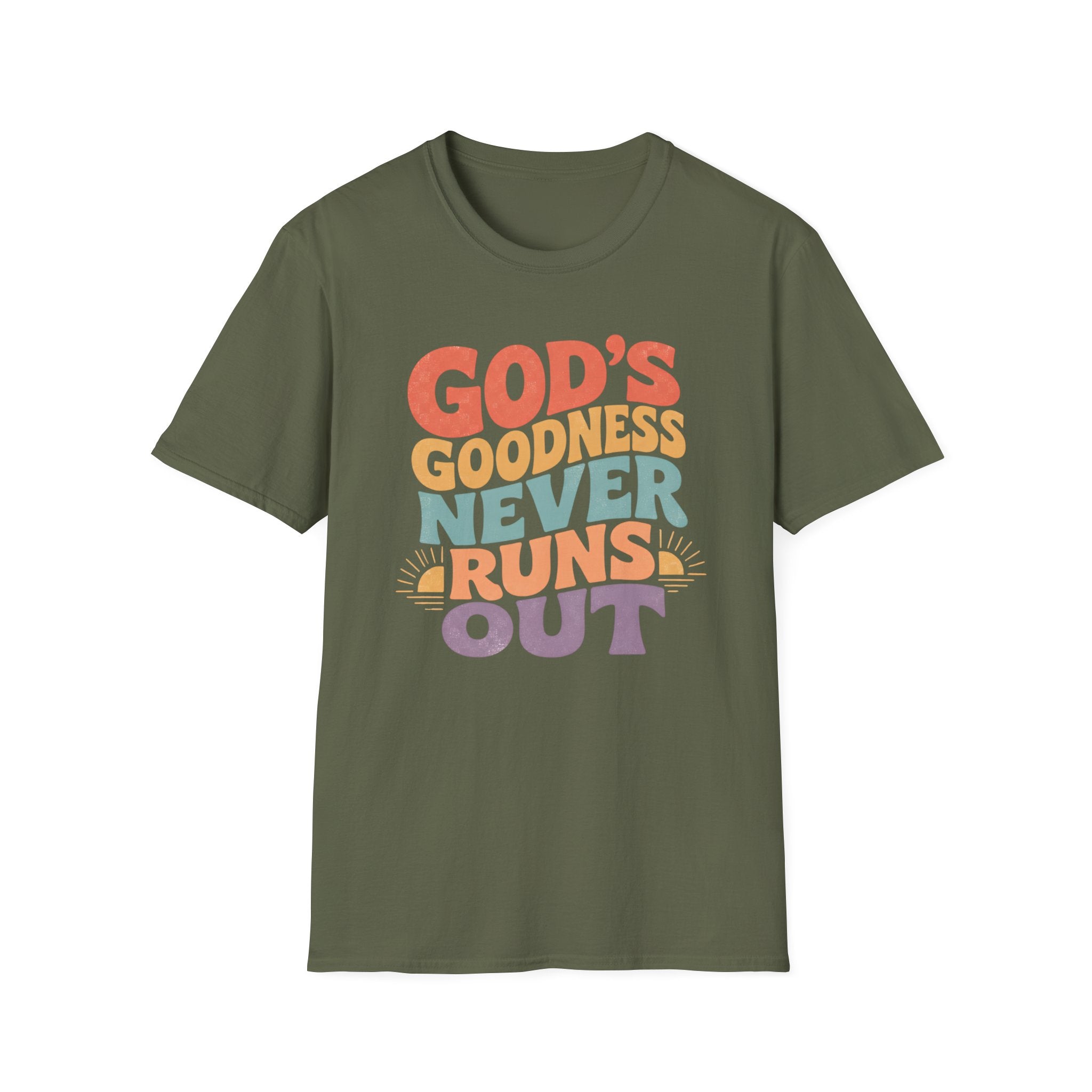 Christian T-Shirt — "God's Goodness Never Runs Out" Retro Faith Tee