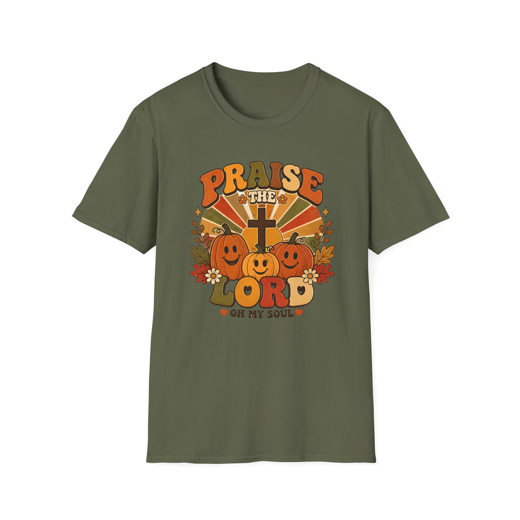 Praise the Lord Fall T-Shirt — Retro Pumpkin & Cross Christian Tee
