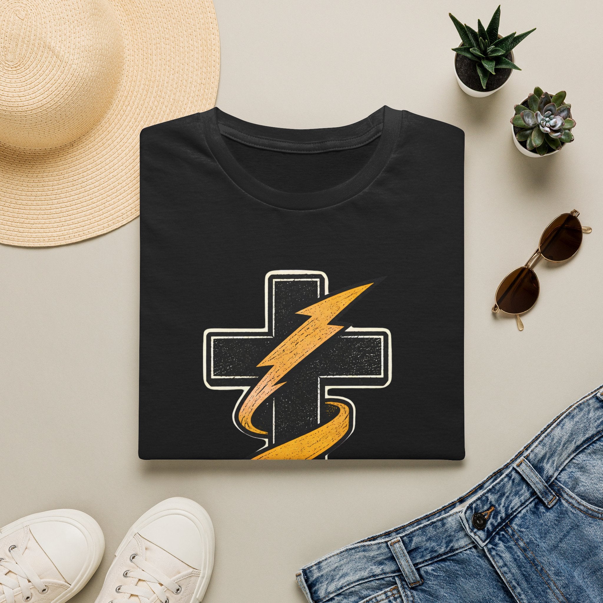 Grace Powered T-Shirt — Faith Cross with Lightning Christian Tee