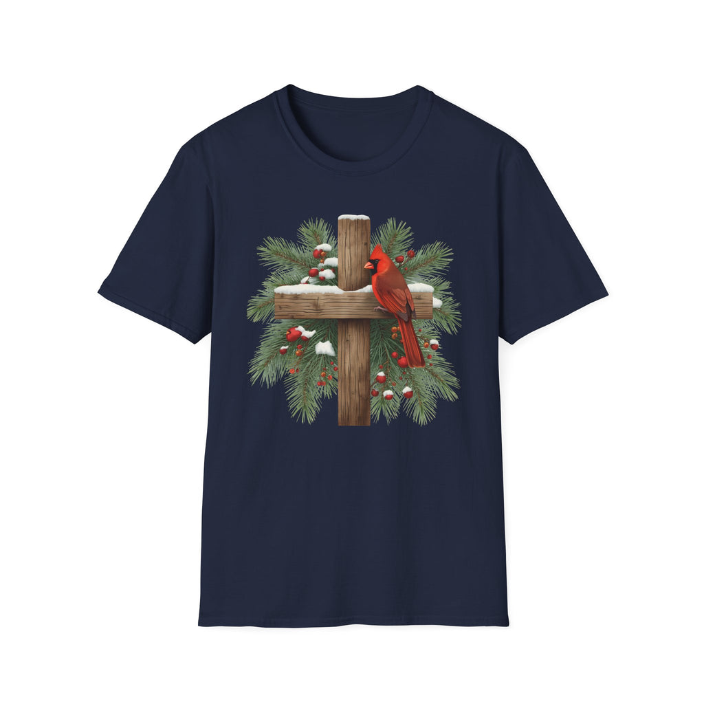 Cardinal on Cross Christmas T-Shirt — Winter Nativity Holiday Tee
