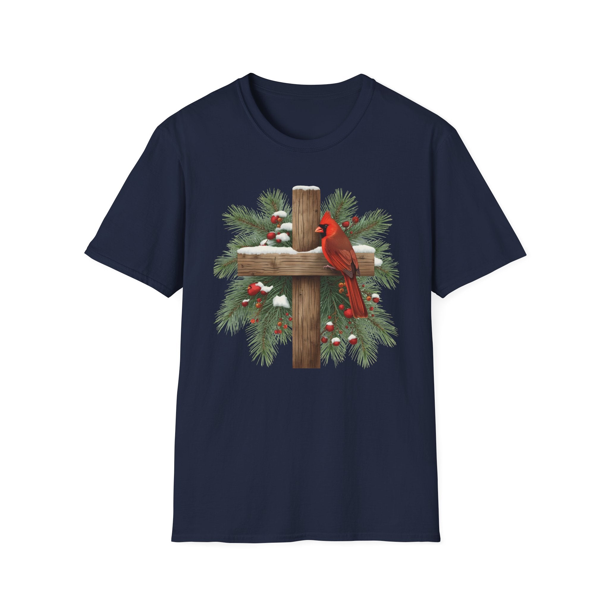 Cardinal on Cross Christmas T-Shirt — Winter Nativity Holiday Tee
